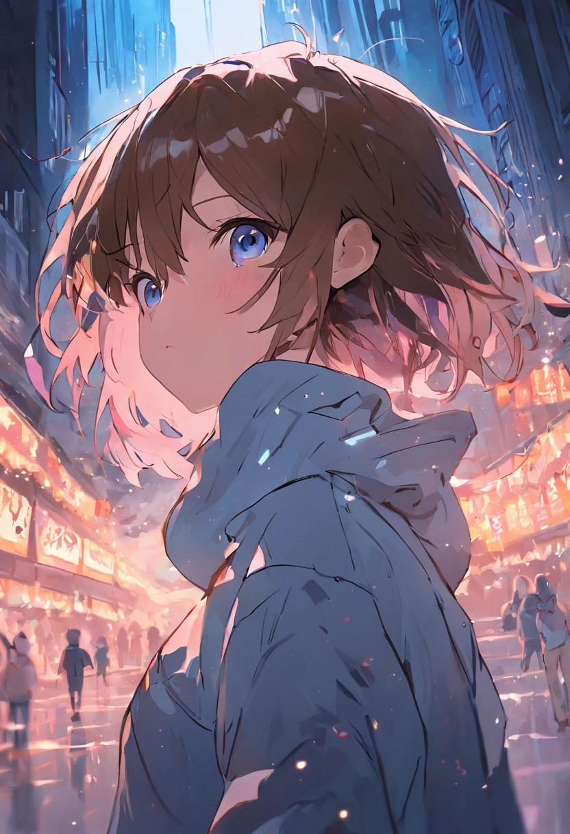 youth！！！！！！！！！Short brown hair, blue sports headband, white sweatshirt, running, high quality, delicate light and shadow, fine details, rich clothing patterns, bright colors, extremely fine eyes, dark brown eyes, facial hands, highly groomed, fine hair