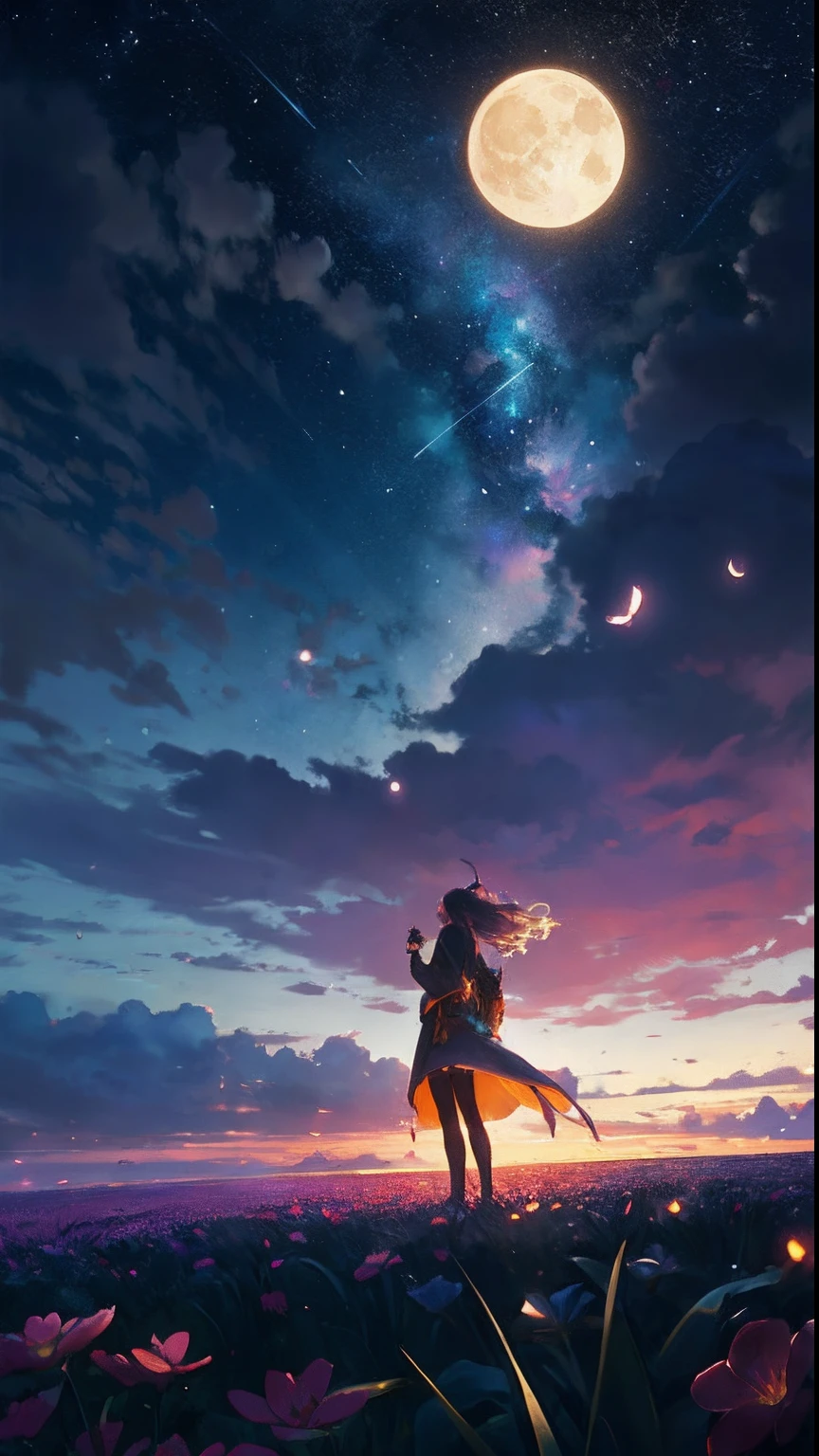 Vast landscape photo, (viewed from below, the sky is above and the open field is below), a girl standing on a flower field looking up, (full moon: 1.2), (meteor: 0.9), (nebula: 1.3), distant mountains , Trees BREAK Crafting Art, (Warm Light: 1.2), (Fireflies: 1.2), Lights, Lots of Purple and Orange, Intricate Details, Volumetric Lighting, Realism BREAK (Masterpiece: 1.2), (Best Quality), 4k, Ultra-Detailed, (Dynamic Composition: 1.4), Very Detailed, Colorful Details, (Rainbow Colors: 1.2), (Glow Lighting, Atmospheric Lighting), Dreamy, Magical, (Solo: 1.2)