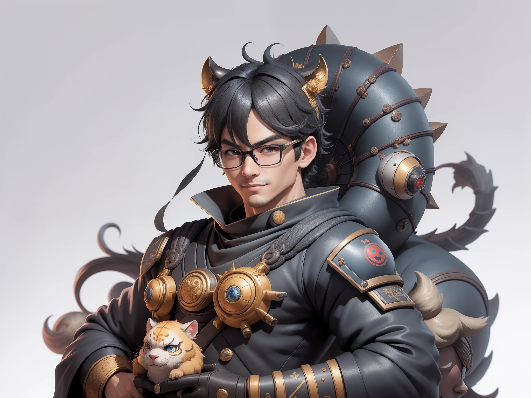 (Masterpiece), (Excellent), (Super Meticulous), (Full Body: 1.2), Super Young Man with Japanese Female Geisha, Pretty, Beautiful, Chinese Dragon, Tiger, Wind God Thor, Sexy, Bursting, Oriental Face, TV Anchor, Bust Portrait Illustration, Black Suit, Blue Tie, Slightly Chubby Face, Silver Glasses, Very Clean Face, No Beard on Chin, Black Super Short Hair, Black Eyes, Confident Smile, 3c Computer Sub-Products, iPad, iPhone, Digital Painting, 3D character design by Mark Clairedon and Pixar and Hayao Miyazaki and Akira Toriyama, the illustrations are HD illustrations in 4K resolution with highly detailed facial features and cartoon-style visuals.