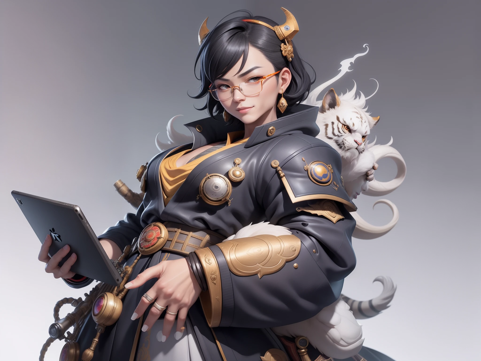 (Masterpiece), (Excellent), (Super Meticulous), (Full Body: 1.2), Super Young Man with Japanese Female Geisha, Pretty, Beautiful, Chinese Dragon, Tiger, Wind God Thor, Sexy, Bursting, Oriental Face, TV Anchor, Bust Portrait Illustration, Black Suit, Blue Tie, Slightly Chubby Face, Silver Glasses, Very Clean Face, No Beard on Chin, Black Super Short Hair, Black Eyes, Confident Smile, 3c Computer Sub-Products, iPad, iPhone, Digital Painting, 3D character design by Mark Clairedon and Pixar and Hayao Miyazaki and Akira Toriyama, the illustrations are HD illustrations in 4K resolution with highly detailed facial features and cartoon-style visuals.