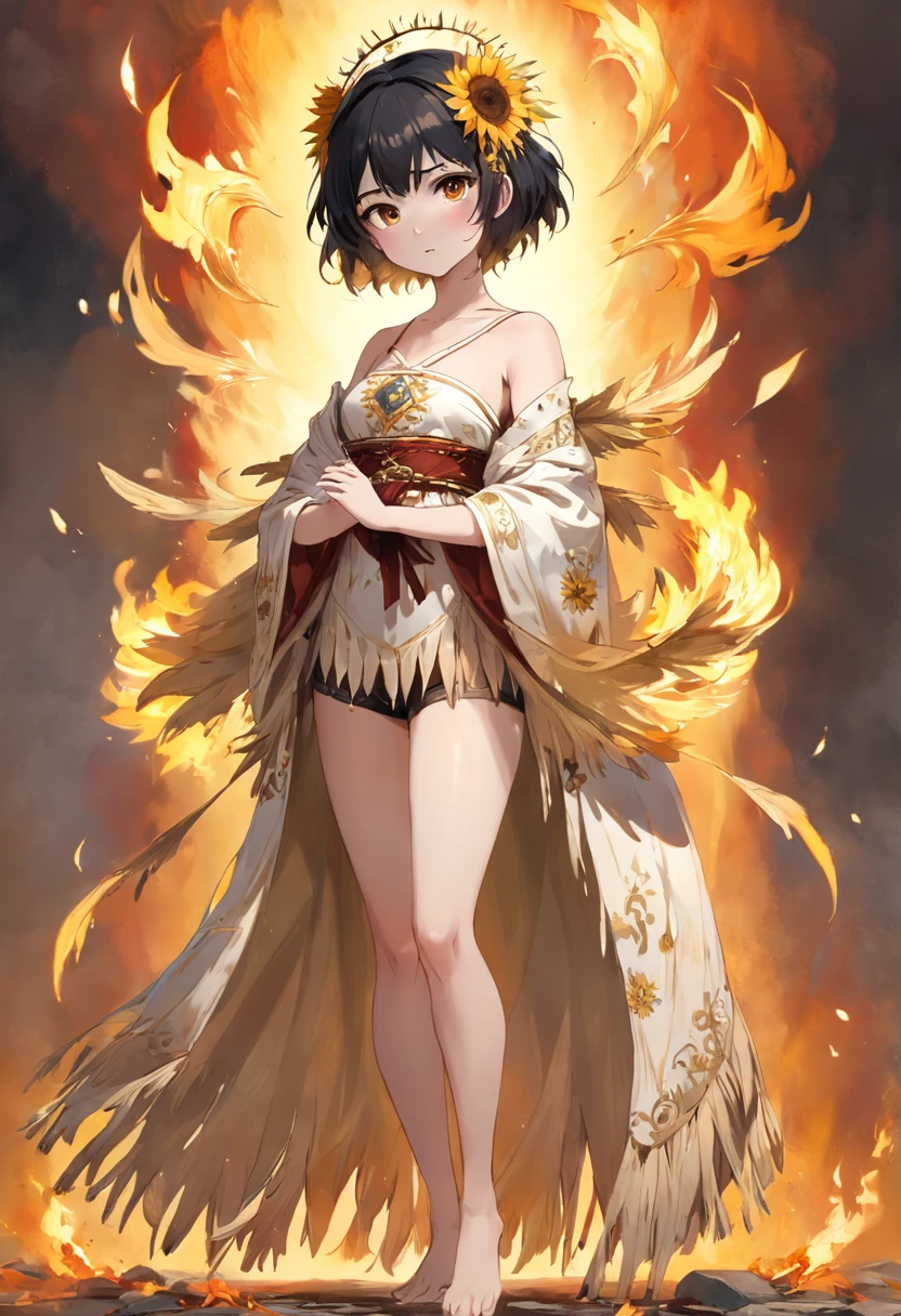 Standing painting of the figure, full body front model, short black hair, white skin, Italian golden eyes, girl, bohemian costume, fringed shawl, fire marks, bard, sunflower flower crown