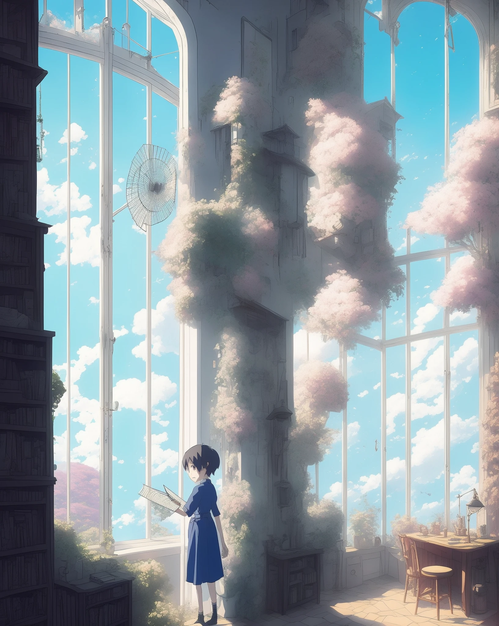 in style of hayao miyazaki，A window looking inside and out，the night，There are windmills hanging by the windows