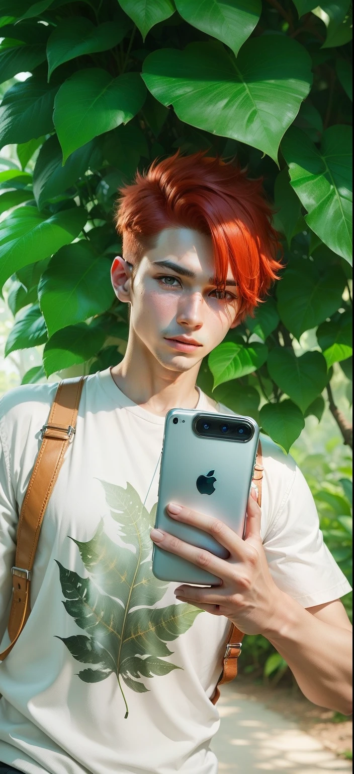 Boy with Phone futuristic leaf background realistic face, Red Hair ultra high quality HD