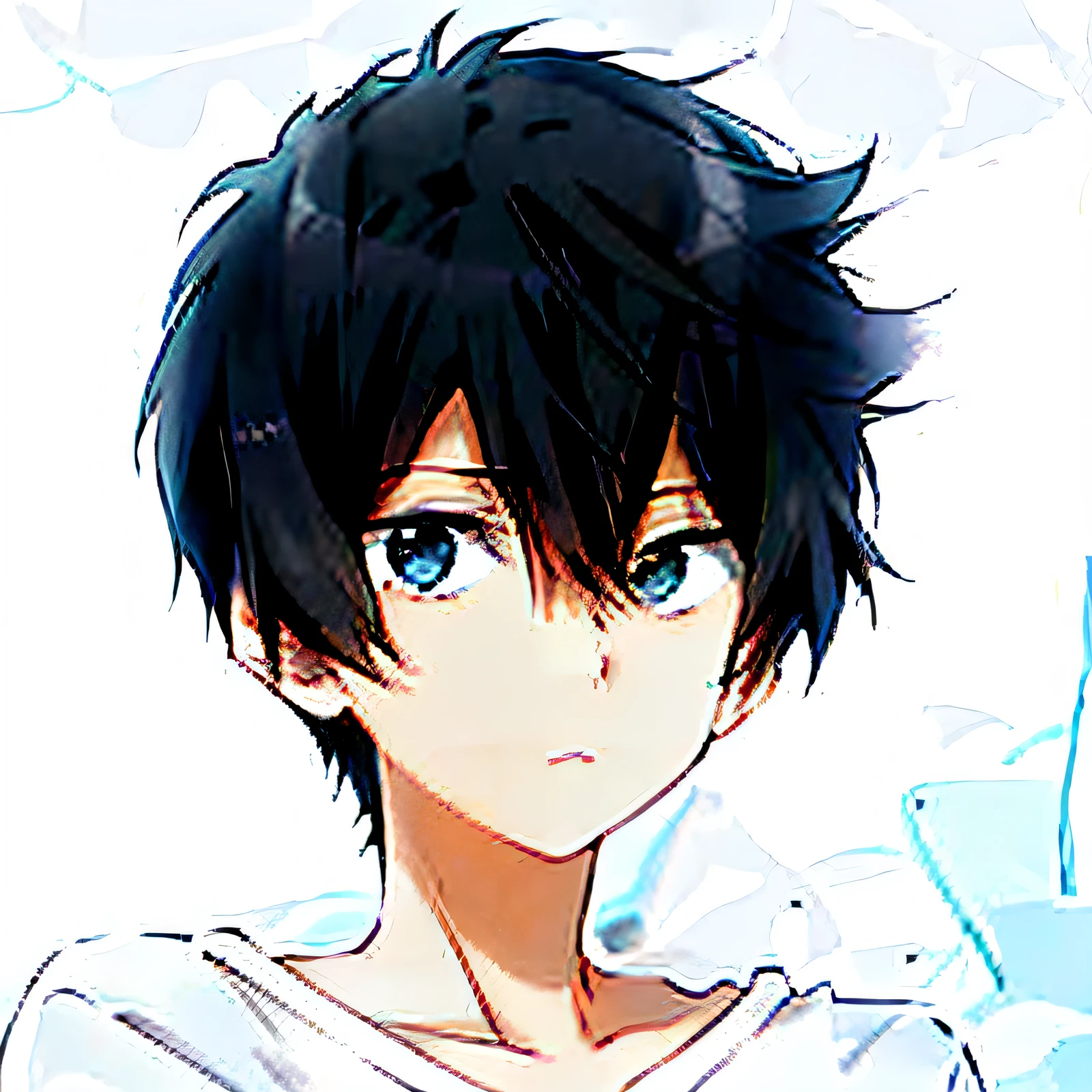 A painting of a boy with black hair and a white shirt, boy has short black hair, inspirado em Okumura Masanobu, inspired by Okumura Togyu, author:Okumura Toju, kentaro miura manga art style, Anime boy, cute anime face, pin on anime, in an anime style