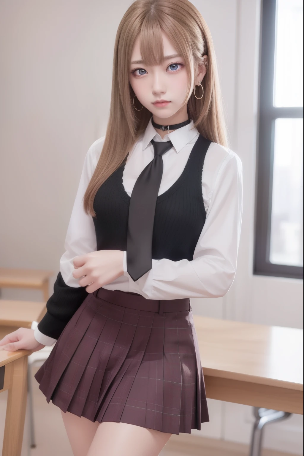 marinkitagawa, marin kitagawa, blonde hair, choker, ear piercing, earrings, long hair, piercing, (red eyes:1.5), straight hair, swept bangs,
BREAK black necktie, long sleeves, pleated skirt, school uniform, shirt, skirt, sleeves rolled up, white shirt, cleavage,
BREAK indoors, classroom,
BREAK looking at viewer, BREAK (masterpiece:1.2), best quality, high resolution, unity 8k wallpaper, (illustration:0.8), (beautiful detailed eyes:1.6), extremely detailed face, perfect lighting, extremely detailed CG, (perfect hands, perfect anatomy),