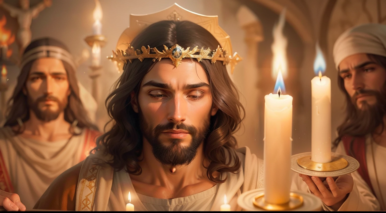 jesus cristo rezando, imagem realista com velas acesas ao redor