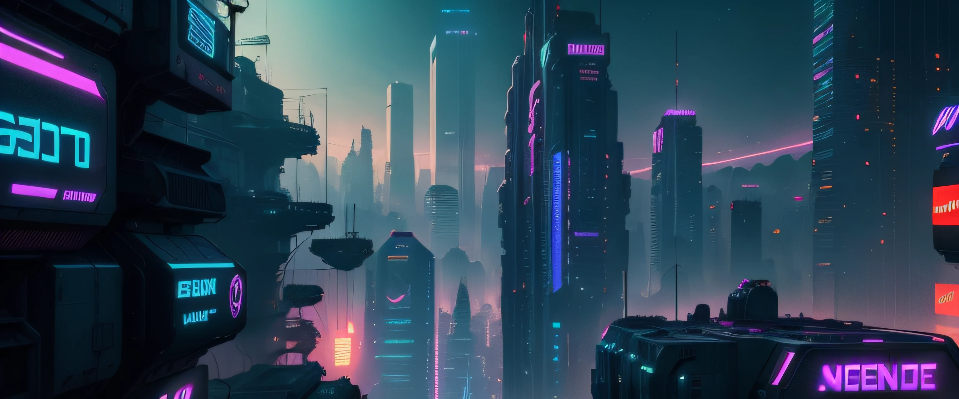 super dense cyberpunk cityscape, crowded city streets, flying vehicles, neon lights