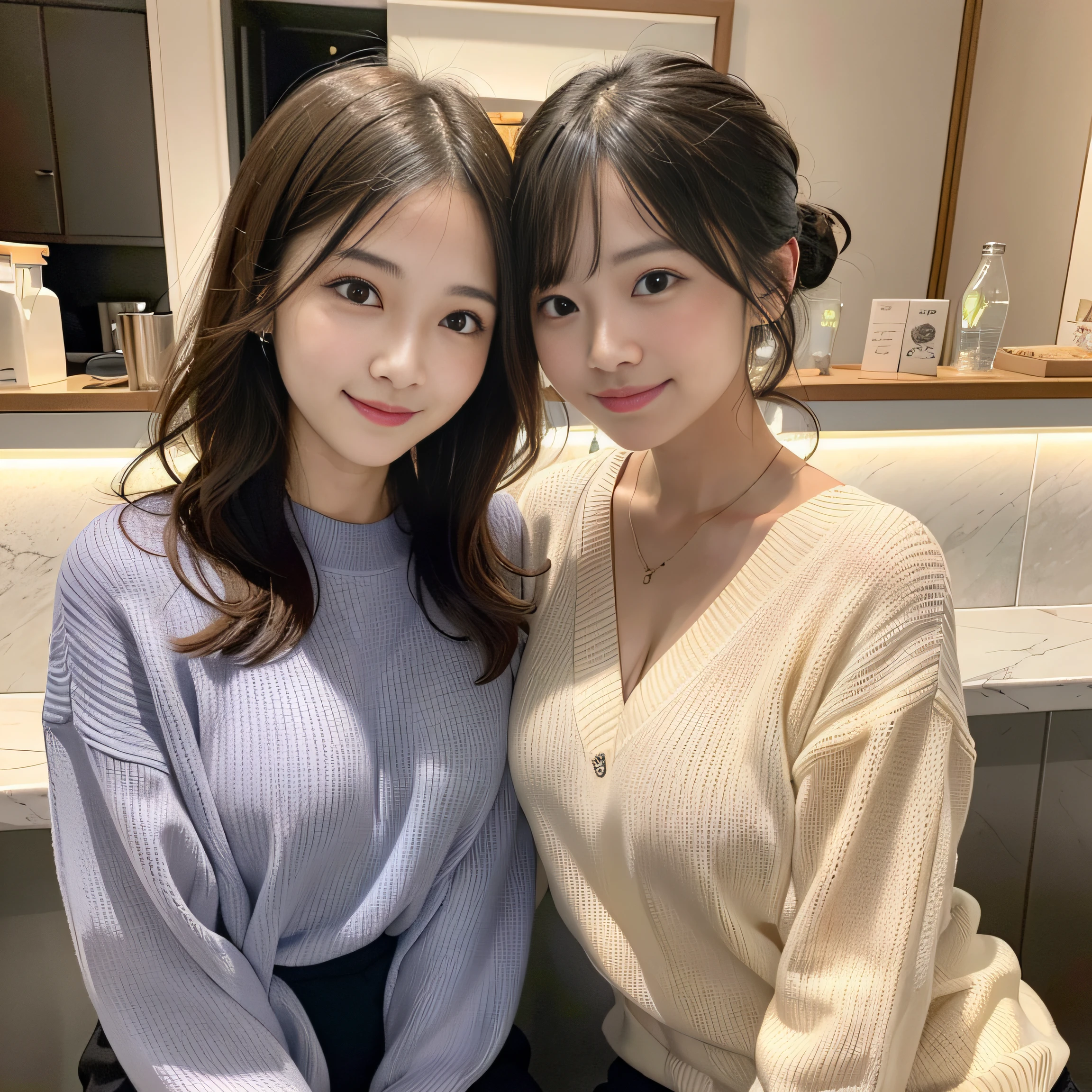 Japan girls in casual clothes、looking at the viewers、Pose with a smile(top-quality、masterpiece)))、hight resolution、ighly detailed、masterpiece、电影灯光、(8K、top-quality、masterpiece:1.2)、(realisitic、Photorealsitic:1.37) Hi-Res、The ultra-detailliert、1womanl 、nogizaka, cute face、35 year old:1.2、 独奏, Textured skin:1.2, beautiful smiling face, Detailed Cafe, natta, 电影灯光、 sitting on、Dating、(Shy smile:1.2)、Medium chest、beautiful finely detailed eyes、(Sweaters:1.1)、natta、from waist up:1.2、shorth hair
