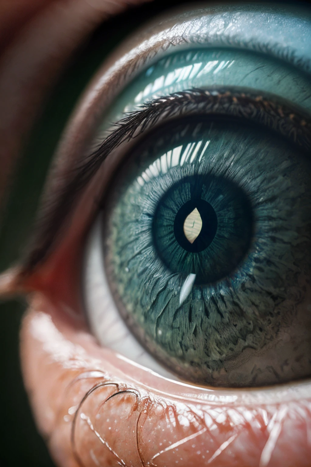 arafed, high details, best quality, 16k, [ultra detailed], masterpiece, best quality, (extremely detailed), dynamic angle, ultra wide shot, RAW, photorealistic, a extreme magnified picture of the human eye, green iris, moon being reflected on the eye,  3D rendering, [[anatomically correct]]