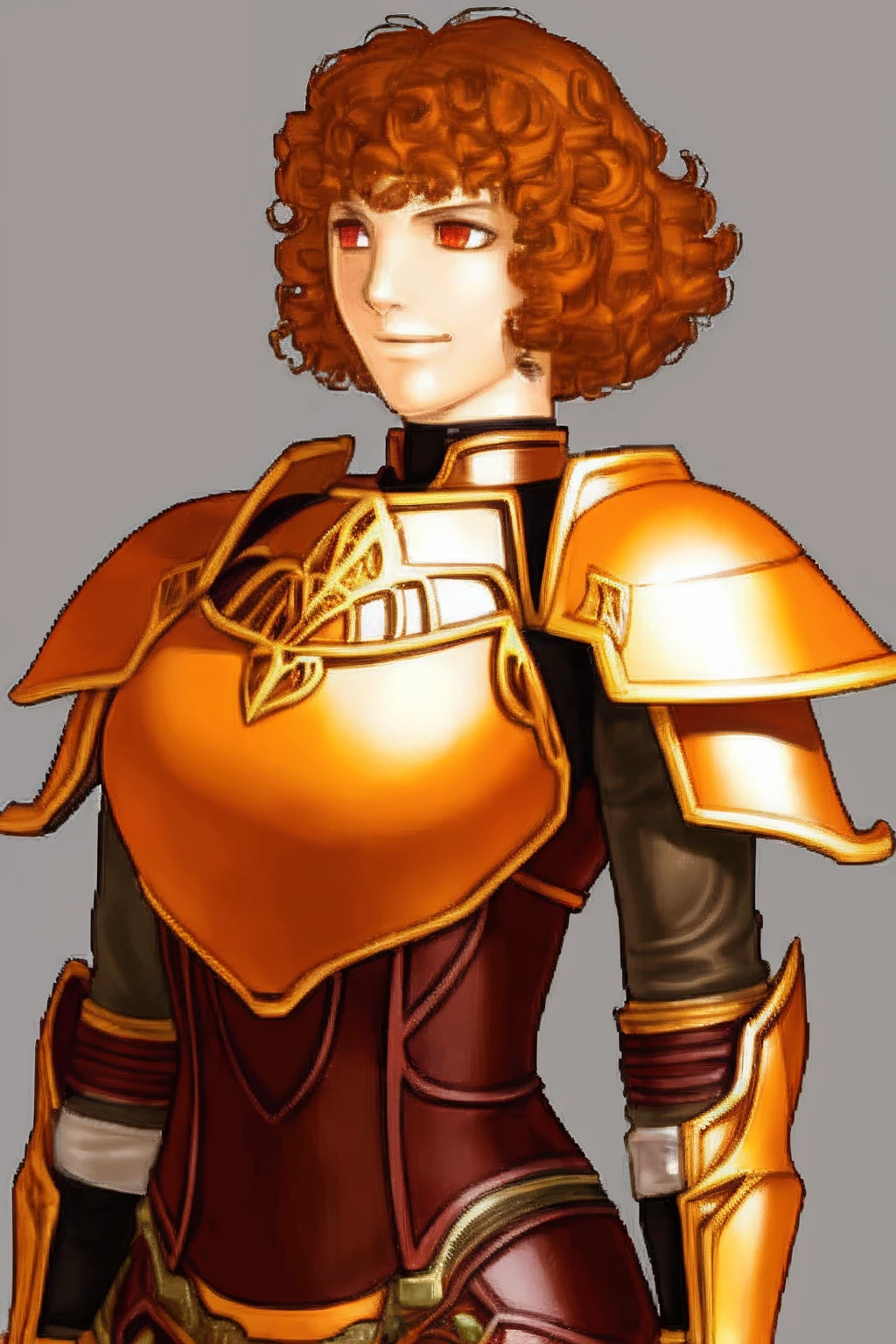 solo focus, (FE10-Style, Halfbody, No Frames:1.1), simple background, side view, tall woman, muscular woman, heavy armor, orange armor, short thick curly brown hair, red orange eyes, tomboy, confident smirk, boyish hair, Armor Knight