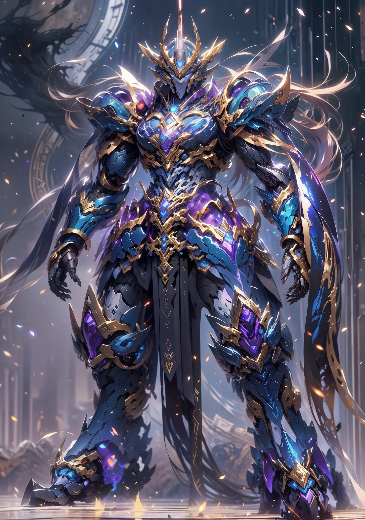 super wide shot, Full body frontal photo,Mecha male warrior，Heroic style of the Three Kingdoms,《Mech color: Purple deep series》，（《Romance of the Three Kingdoms》，《Sima Yi》，Magic weapon in hand，），（Full body mecha）, Keqing from Genshin Impact, (Masterpiece) ， The best quality， High quality，Gold armor，电影灯光， （Exquisite future）， Beautiful and beautiful， Ultra detailed， great composition， Floating， Depth of field， （Very detailed CG，Unity 8k壁纸）， （Beautiful detail background）， dramatic lights， GOGETTA， Mecha，best qualtiy，超高分辨率，