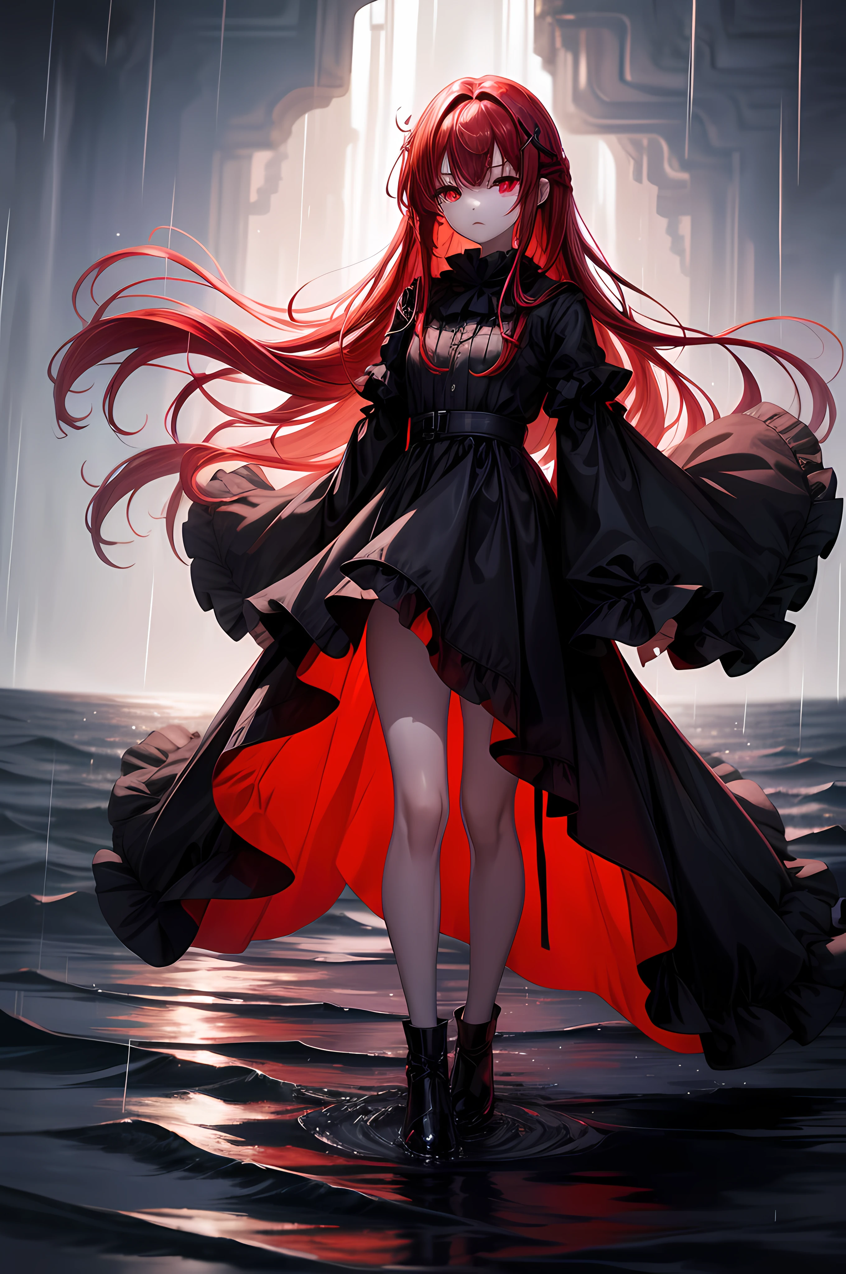 1girl ,alone ,rainy weather ,floating on sea ,long red hair ,red eyes ,with a face that feels nothing ,bored and overwhelmed by everything ,dark weather ,13 years old girl ,dressed elegantly in a full-body black gown ,looks glow ,an X in her eye