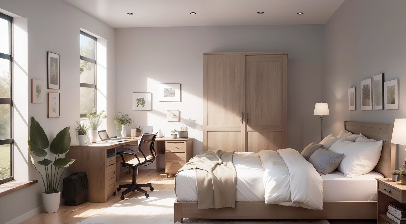 A bedroom designed for a newlywed couple who enjoy having plenty of plants and a minimalist style can create a warm, elegant, and soothing atmosphere. Here's a description of how to design such a bedroom:
Color and Decor:
Color Palette: Use neutral tones such as white, light gray, or natural wood colors to create a sense of sophistication and gentleness.
Indoor Plants: Place small potted plants on windowsills, work desks, and various corners of the room to bring nature indoors. Plant varieties like lucky bamboo, money plant, or mini succulents often complement this style.
Furniture and Decor:
Bed: Choose a simple, uncomplicated bed design. The bedspread and duvet should feature soft and comfortable colors.
Wardrobe: Opt for a minimalist-designed wardrobe to maintain an organized and clutter-free bedroom.
Dressing Table: Include a small dressing table with a mirror to provide a personal space for grooming.
Bedside Lamps: Utilize minimalist-designed bedside lamps with soft and gentle lighting to create a cozy ambiance.
Materials and Textures:
Wood: Incorporate natural wood materials for the bed, wardrobe, and work desk to create a warm and natural feeling.
Natural Fabrics: Choose curtains and decor made from natural fabrics like cotton or linen to evoke a cool and intimate connection with nature.
Workspace Corner:
Work Desk: Set up a compact work desk for remote work or creative activities.
Reading Chair: Place a comfortable chair near a window for relaxation and reading.
Additional Decoration:
Wall Art: Use simple wall art or create wall decor from natural materials like wood or bamboo to add interest to the walls.
Pendant Lights: Hang pendant lights with minimalist designs to serve as focal points and provide cozy evening lighting.
The minimalist style combined with an abundance of indoor plants and a neutral color palette will create a tranquil and intimate space for the newlywed couple.