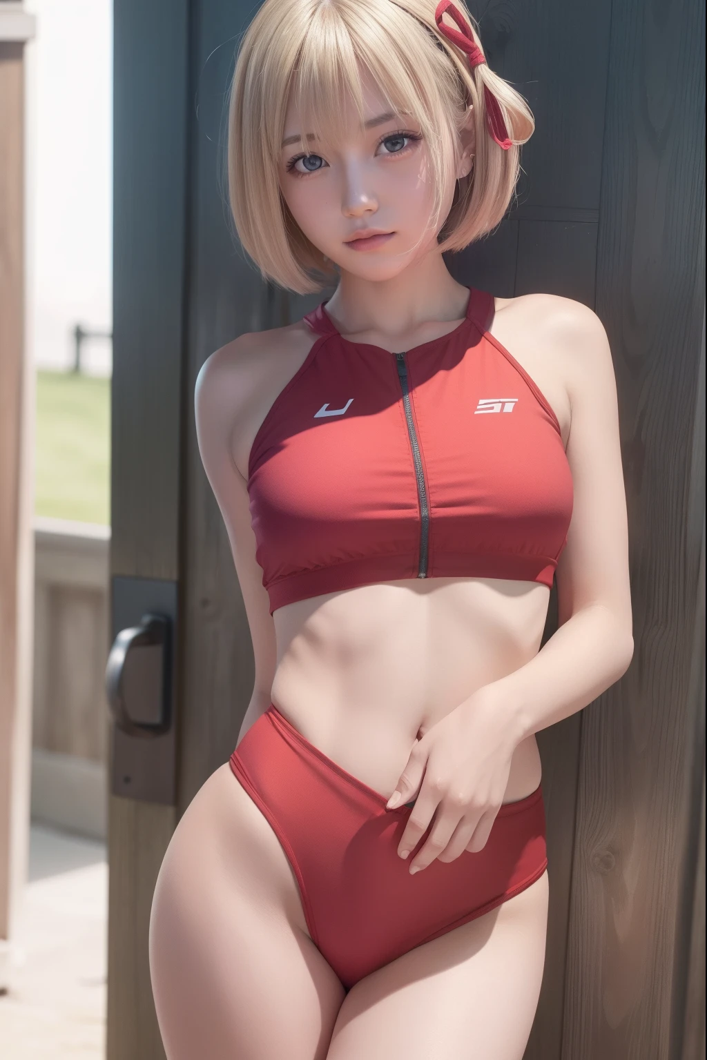 chisatonishikigi, nishikigi chisato, short hair, bangs, blonde hair, (red eyes:1.5), hair ribbon, one side up, bob cut,
BREAK navel, bare shoulders, thighs, stomach, crop top, buruma, sportswear, zipper pull tab, red buruma, sports bikini,
BREAK outdoors, track and field,
BREAK looking at viewer, BREAK (masterpiece:1.2), best quality, high resolution, unity 8k wallpaper, (illustration:0.8), (beautiful detailed eyes:1.6), extremely detailed face, perfect lighting, extremely detailed CG, (perfect hands, perfect anatomy),