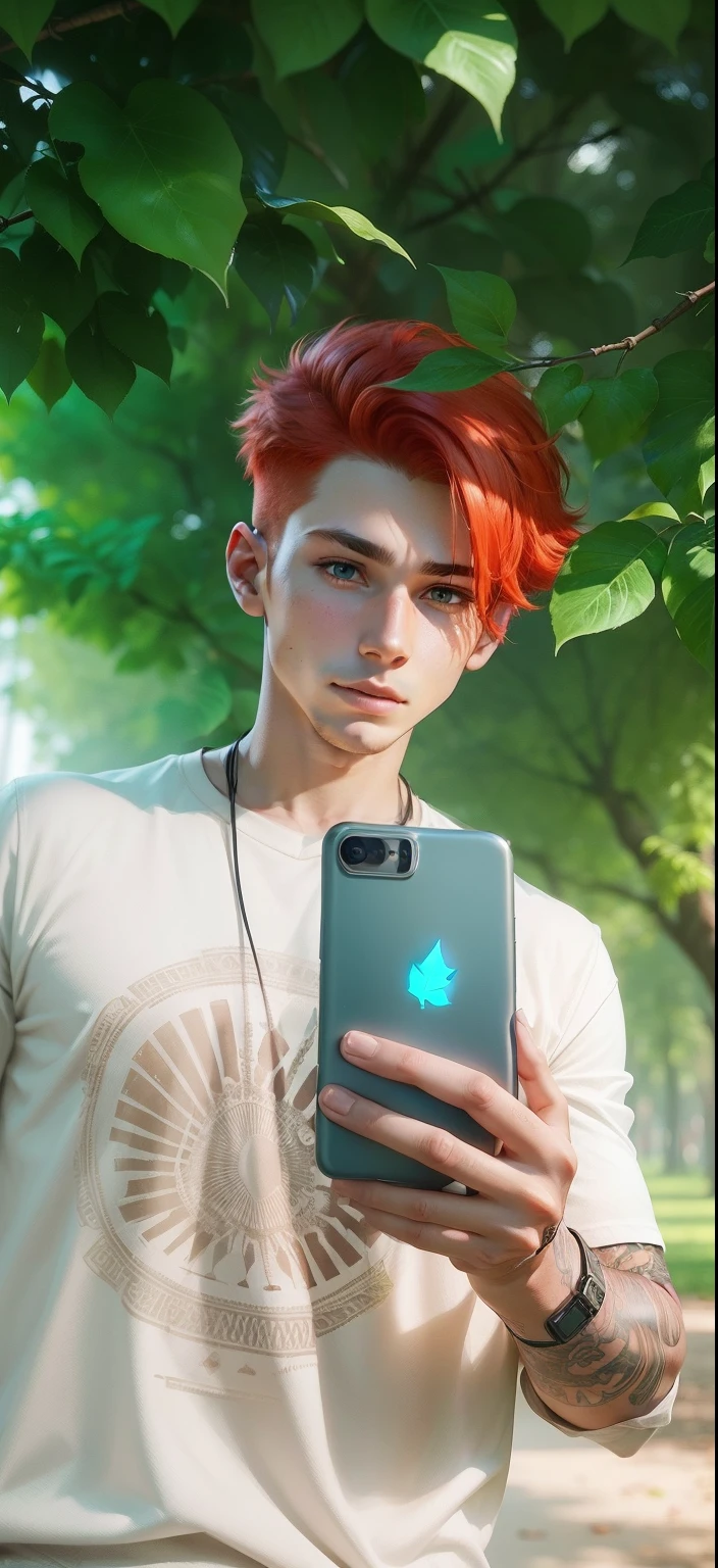 Boy with Phone futuristic leaf background realistic face, Red Hair ultra high quality HD