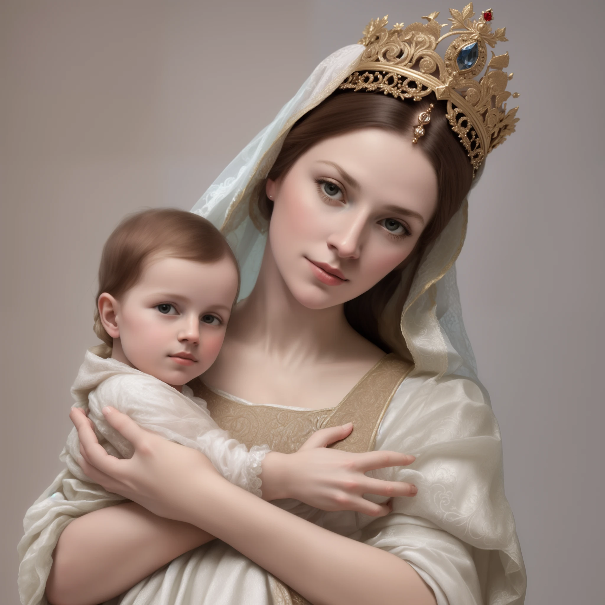 Drawing of a woman holding a  in her arms, Digital art inspired by Mary Cameron, shutterstock, Digital Art, Virgin Mary, Infant with Jesus, Mother, Queen of Heaven, Beautiful Art, painting of beautiful, Beautiful depiction, Portrait of the Virgin Mary, Catholic Religious Art, rosen maiden, Sacred and beautiful, with a blue background, Boregov, religious art、Surrounded by roses、8k