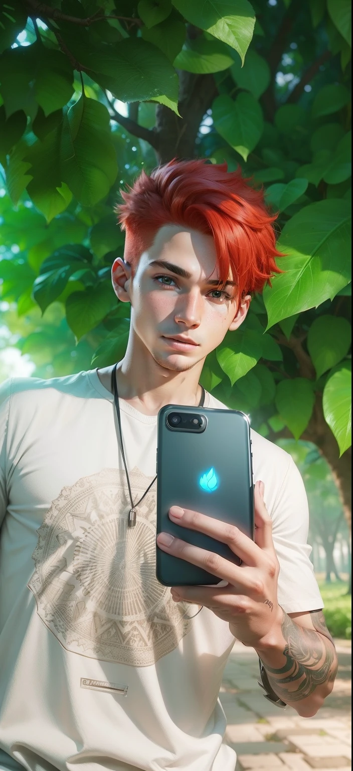 Boy with Phone futuristic leaf background realistic face, Red Hair ultra high quality HD