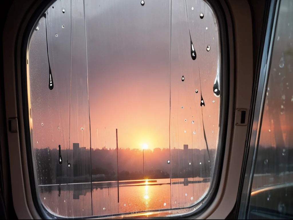 Outside the window of the rear seat，Raindrops fall on the glass，Sunset in the distance outside，Late afternoon，The light outside is dim，It was gloomy，raining day