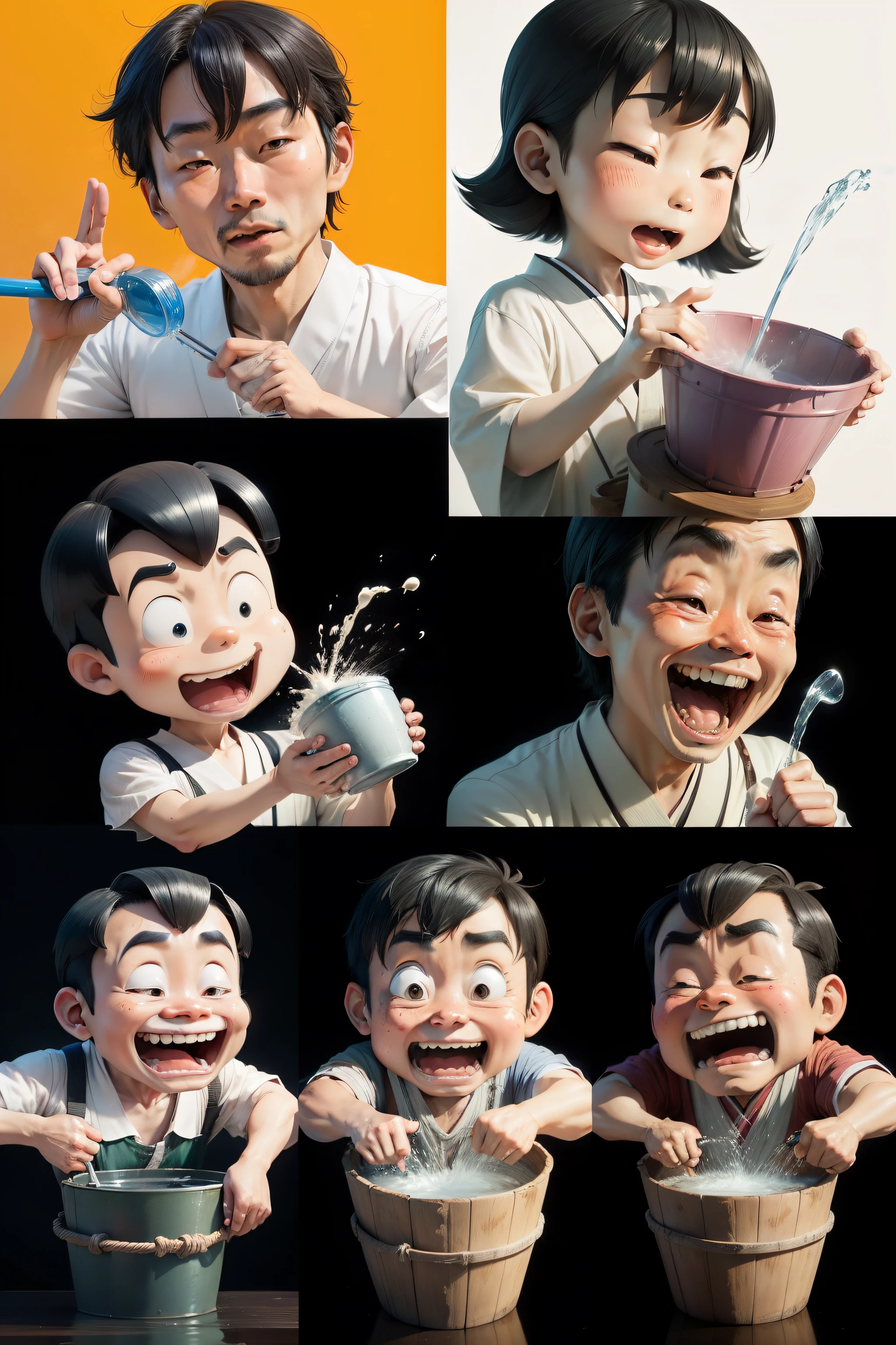 A Japanese man pouring a bucket of water，Cartoon style，perspire，Various expression gestures，anthropomorphic styles
