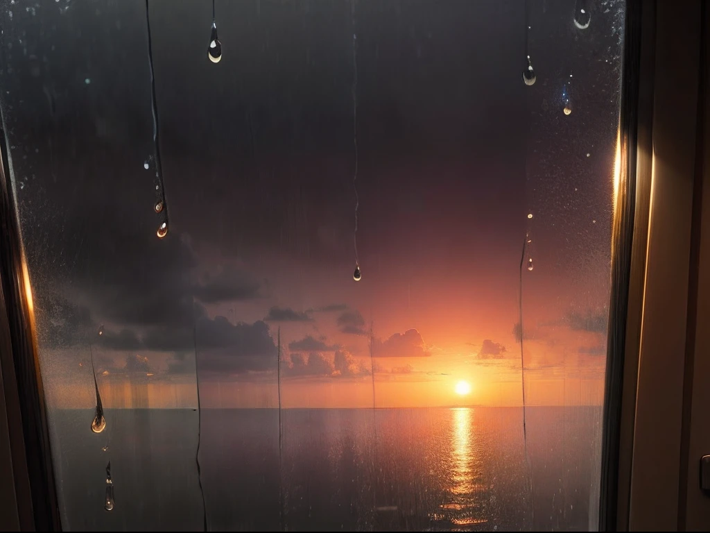 Outside the window of the rear seat,Raindrops fall on the glass,Sunset in the distance outside,Late afternoon,The light outside is dim,It was gloomy,raining day