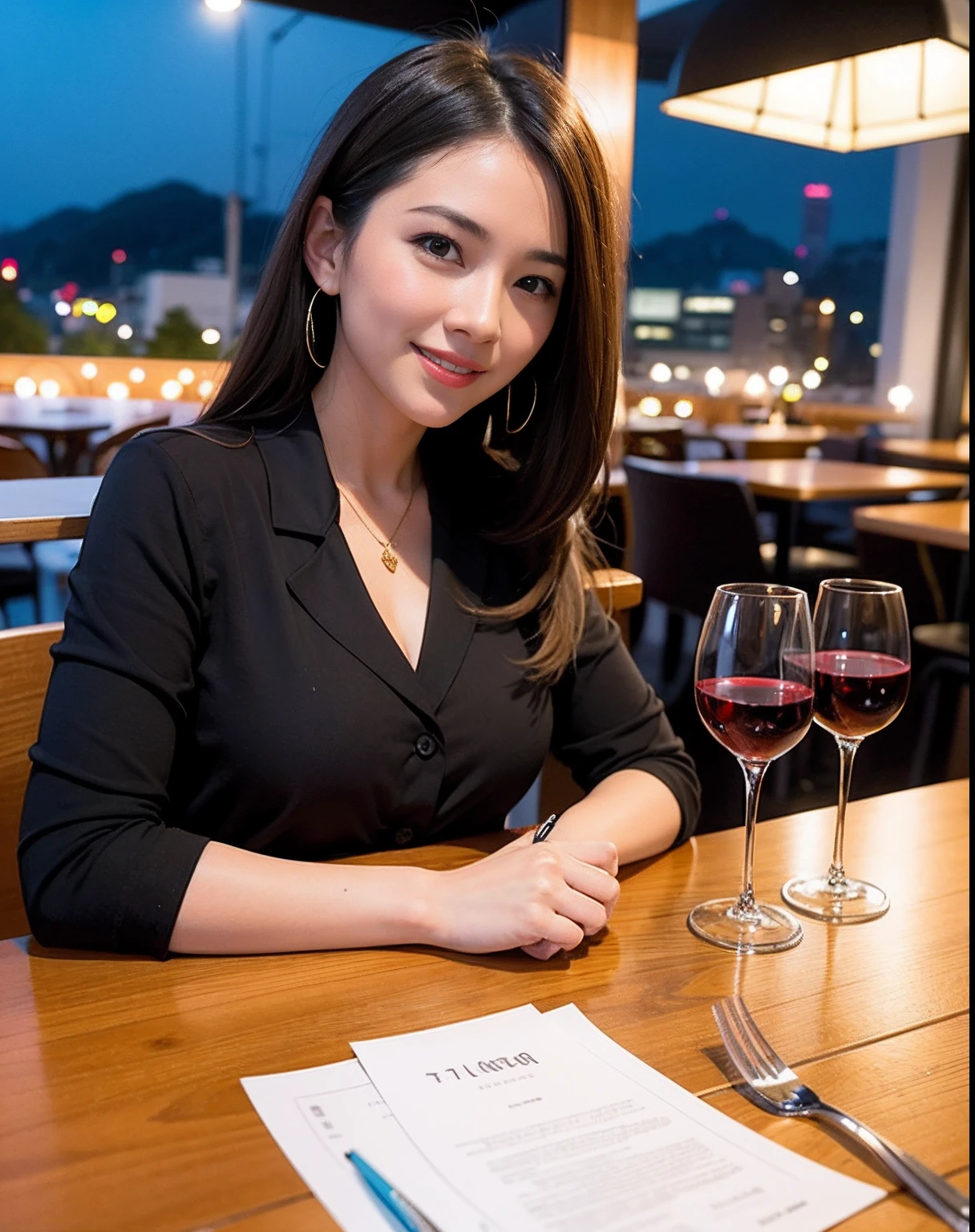 (64K, UHD, top quality, masterpiece: 1.2), (realistic, photorealistic: 1.37), super detailed, pretty woman 1 person, (slim face), (slim body), (brown hair), (short cut), cheeks slightly blushing, (44 years old), 38 years old, solo, beautiful detailed urban night view outside the window, restaurant, wine glasses sit, at night, in a prominent placeNovaFrogStyle, Actress, Model, Waist Up, White Wine, Slim, Wine Glass, Super Clean Night View, Wine Glass Put in the Middle, Happy Smile, (Smile: 1.15), Beautiful Fine Eyes, Upper Body, Bust Japan Up, Night, Short, Short, Actress, Model, Waist Up, White Wine, Slim, Wine Glass, Super Clean Night View, Wine Glass Put in the Middle, Happy Smile,
