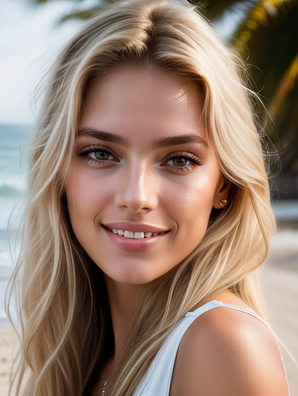 Cinematic soft lighting illuminates a stunningly detailed and ultra-realistic beautiful 20 year old, Brazilian supermodel, beach look, long messy windy tawny blonde hair, clear honey eye, captivating perfect smile, sensual, hot woman, gorgeous, that is trending on ArtStation. Octane is the perfect tool to capture the softest details of this 16k photography masterpiece.
