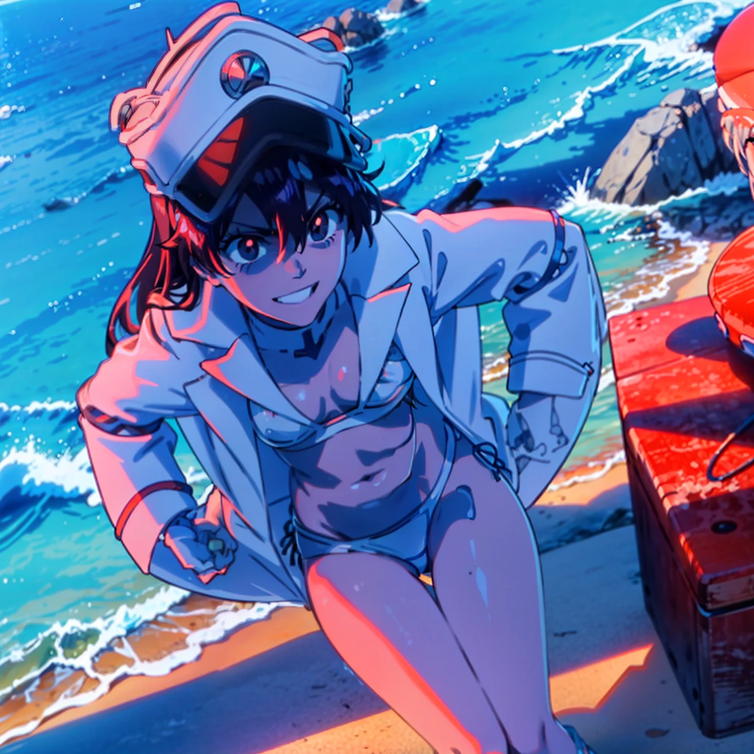 At the beach sitting and wearing Quincy hat, tiny bikini, white bikini, smiling, voldtanding activated