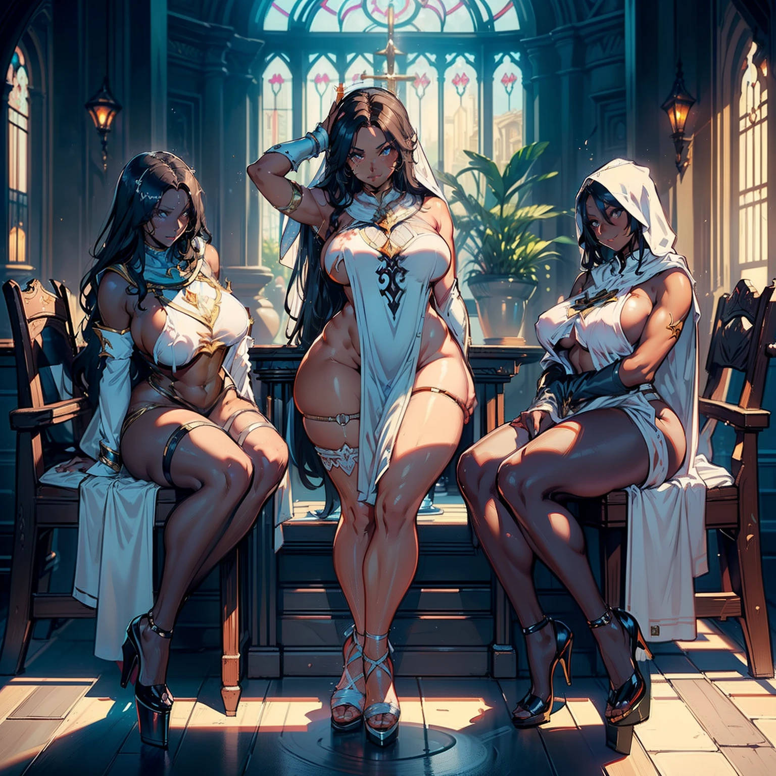 (high resolution, The pixels are perfect, luxurious illustration), (hyper qualit, Masterpiece, Ethereal: 1.4), (((naked tabard:1.4)))，2nun,(((kneeling before a chair)))，in  church，(praying）， ((Carmelto))，mature female，Black areola,female public hair，(((Breasts seem to overflow from the tabard)))，wetted skin， Armpit hairy，(((A MILF: 1.4))), (Curvy:1.35),((((Dark skin))))，long hair，Curvy physique, Fitness model, Thick body,((Sexual suggestiveness))，Seductive smile，high-heels