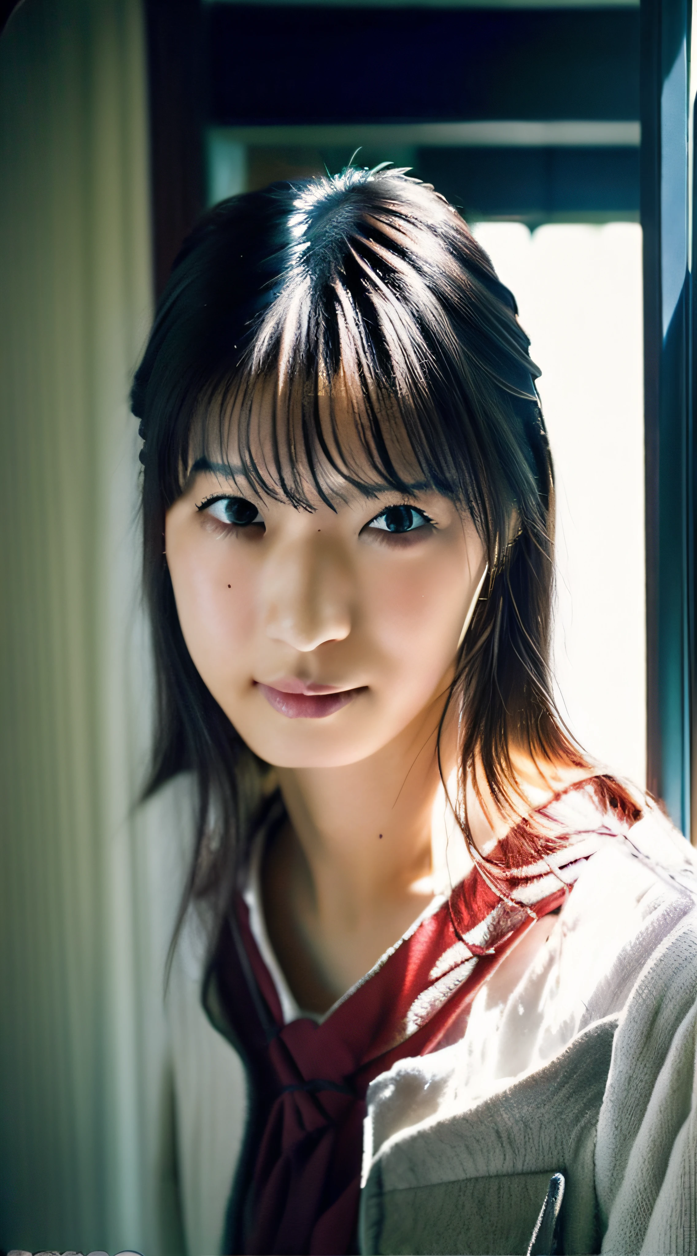 top-quality、8k picture、There is a young girl wearing a red tie and looking out the window, Kimi Takemura, sui ishida with black hair, Ai Yazawa, closeup Iwakura Lain, portrait of a japanese teen, zora々Shishi Japan of Girls, Yasumoto Oka, sakimichan, profile of anime girl, the face of a beautiful Japanese girl, iwakura lain