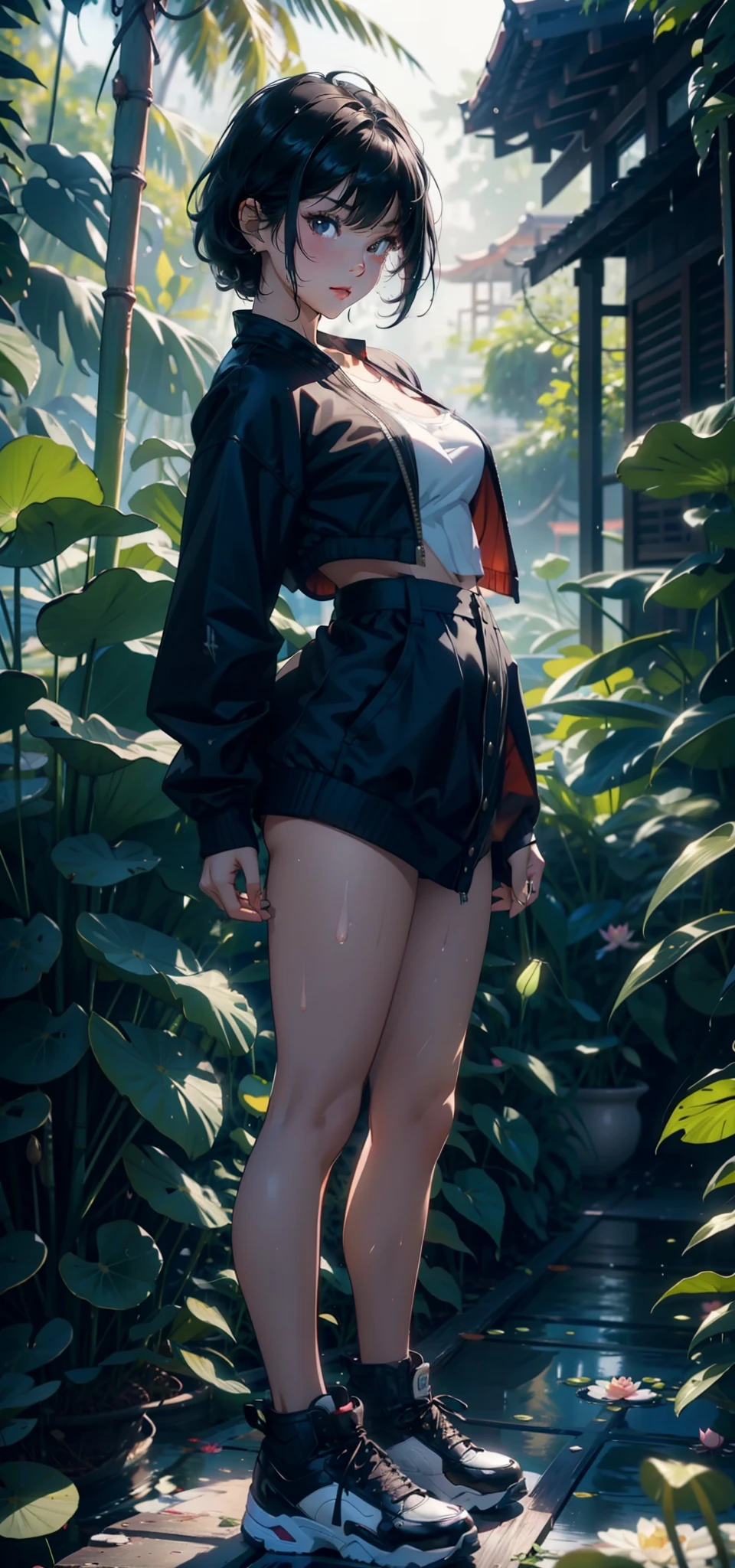 1female，3 years old，bit girl，Small loli，huge-breasted，Pornographic exposure， 独奏，（Background with：bamboo forrest，lotuses，lotus flower，exteriors，Lotus pond） She has short black hair，Qi bangs，Doll head，standing on your feet，Sweat profusely，drenched all over the body，seen from the front， hair straight， mostly cloudy sky，（（（tmasterpiece），（Very detailed CG unity 8K wallpaper），best qualtiy，cinmatic lighting，detailed back ground，beatiful detailed eyes，Bright pupils，Black eyes，（Very fine and beautiful），（Beautiful and detailed eye description），ultra - detailed，tmasterpiece，）），facing at camera，A high resolution，ultra - detailed），revealing breasts，Bare genitalia，  Bulge，legs are open，Raised sexy，Camel toes，Flushed complexion，Open-mouthed，frontage，elementary student，（Black baseball jacket，Slave girl collar，Sailor uniform，，black sneaker shoes，nakeness）Full body photo，Show shoes