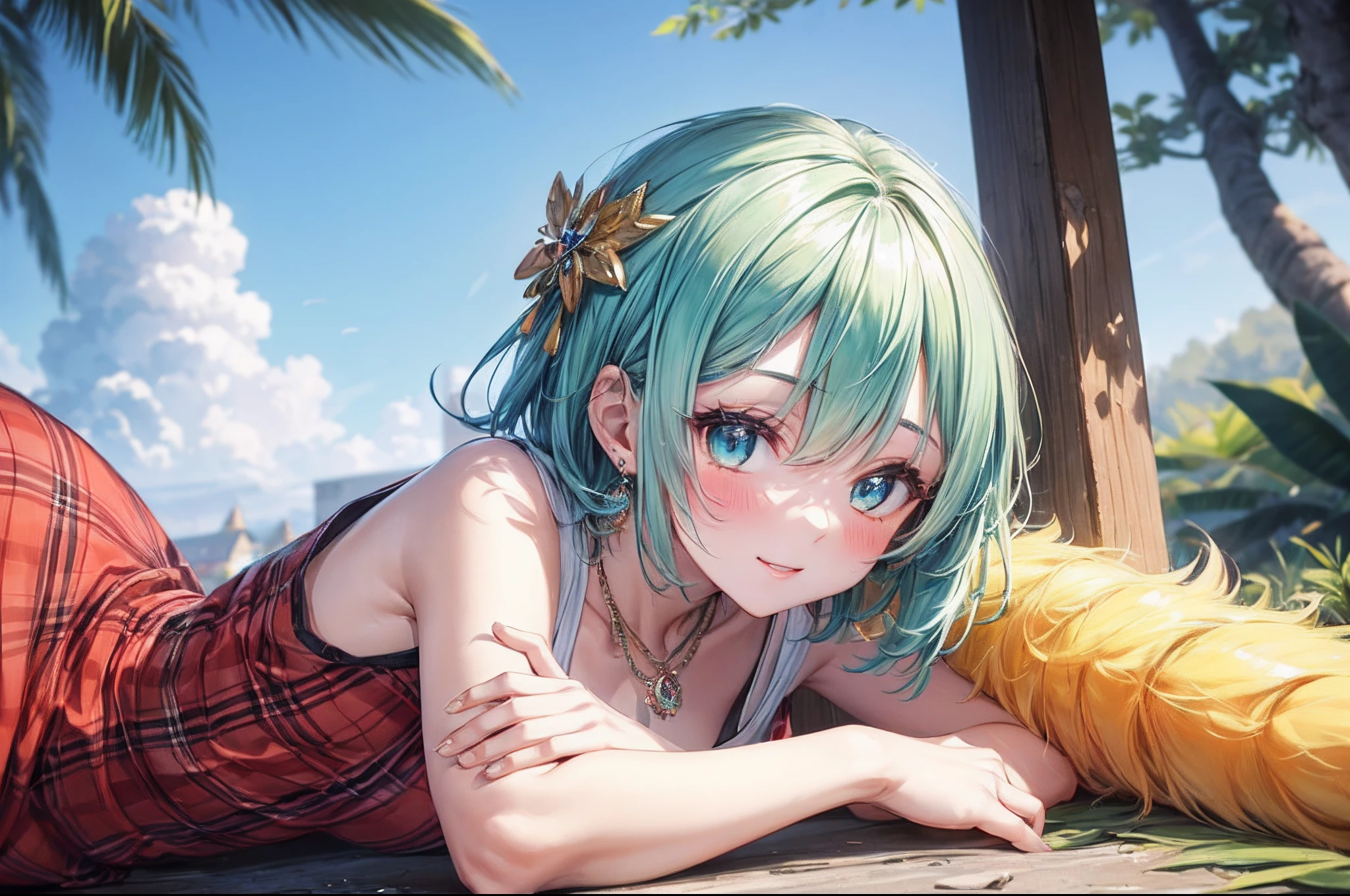absurderes, ultra-detailliert,bright colour, (1girl in:1.6),(独奏:1.7)。extremely beautiful detailed anime face and eyes, view straight on, ;D, shiny_skin,25 years old, Short hair, , asymmetrical bangs, Short twin-tailed emerald green hair, Shiny hair, Delicate beautiful face, red blush、Blue eyes, White skin, hair clips, earrings, a necklace, (Plaid sleeveless:1.3)