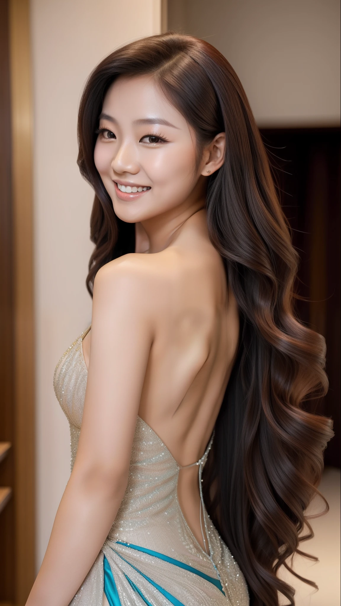 A woman with long hair in a dress, wearing long gown, Asian girl with long hair, with a seductive smile, showing her shoulder from back, beautiful and smiling,, Long hairstyle, Lovely smile, beautiful Korean women，high qulity，Raised sexy，Very sexy， posing on a