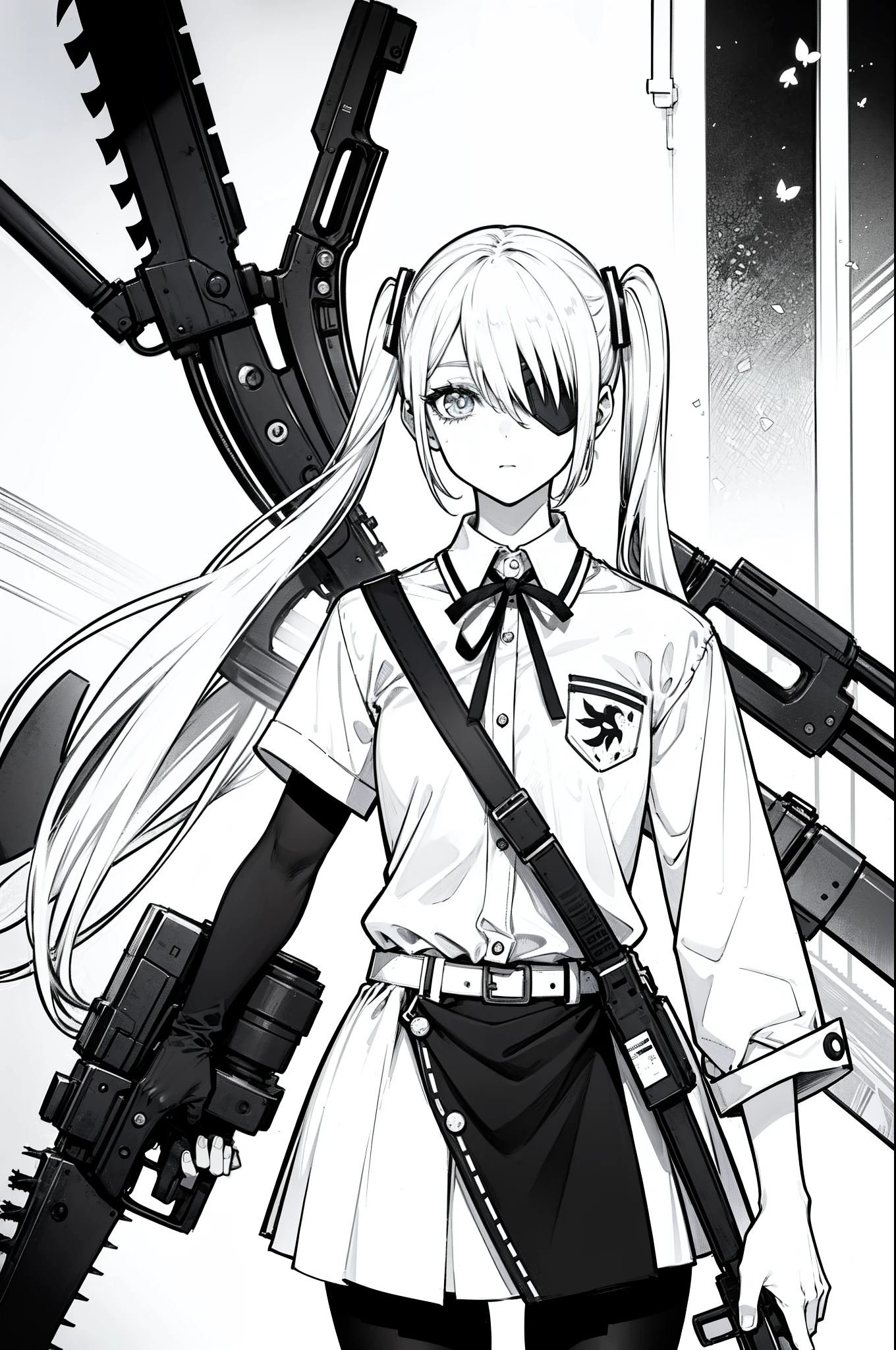 Girl with a Chainsaw　Long white twin tail hair　an eye patch