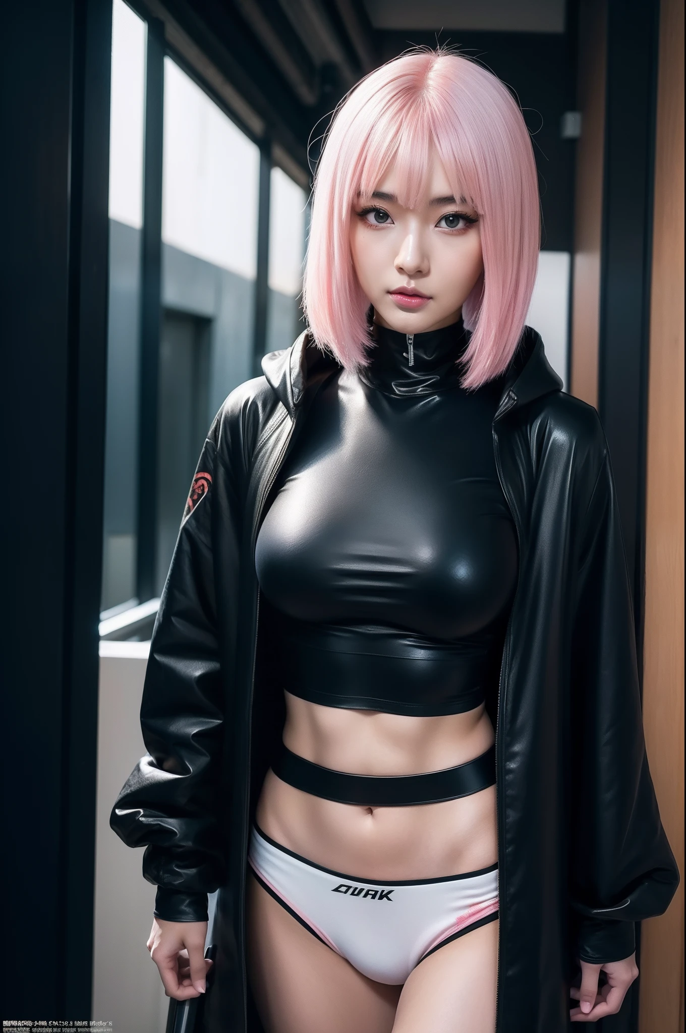 anime girl in a black outfit with a sword in her hand, very beautiful cyberpunk samurai, digital cyberpunk anime art, anime cyberpunk art, cyberpunk anime girl mech, cyberpunk anime girl, cyberpunk anime art, female cyberpunk anime girl, cyberpunk geisha, digital cyberpunk - anime art, cyberpunk samurai, anime style 4 k, badass anime 8 k, cyberpunk anime girl in hoodie, beautiful south korean woman, korean girl, beautiful young korean woman, korean woman, heonhwa choe, korean women's fashion model, sexy look, big breast, sexy pose, show breast, light pink hair
