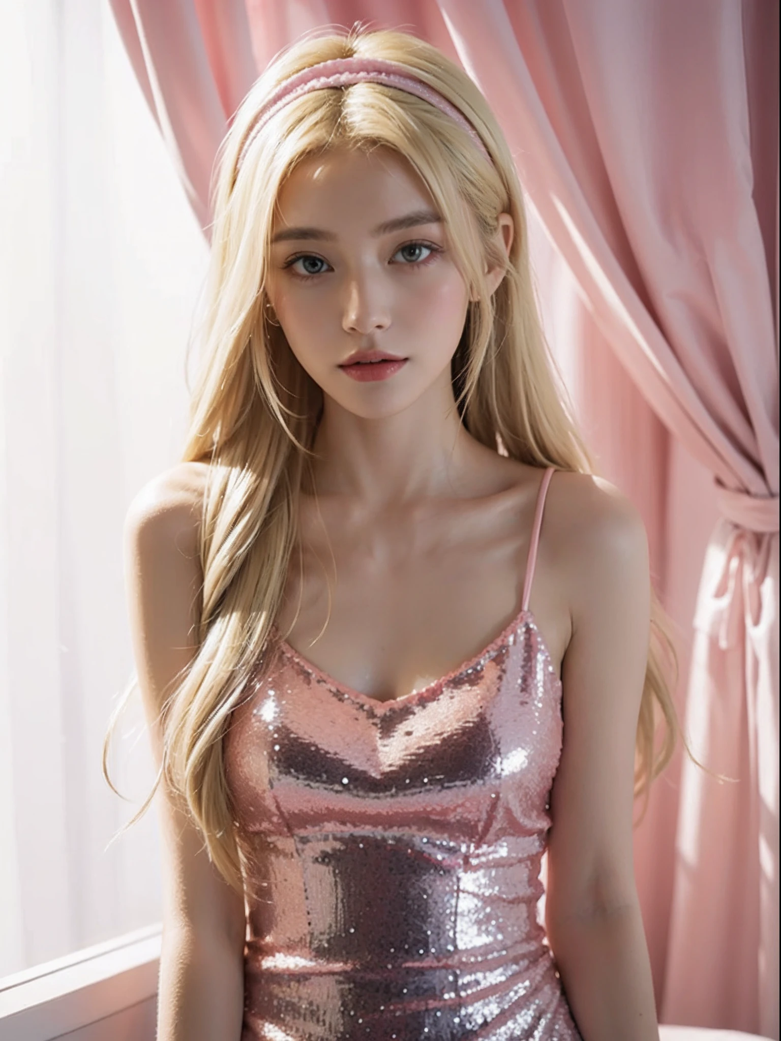 a 20 yo woman，Blonde girl，long whitr hair，pink hairband，(Above the shoulder，looking at viewert)，（High top fade in and out：1.3），Pink sequined dress，V-neck dress，soothing tones，pastelcolor，hight contrast，（Natural skin texture，ultra-realistic realism，the soft light，Sharp）