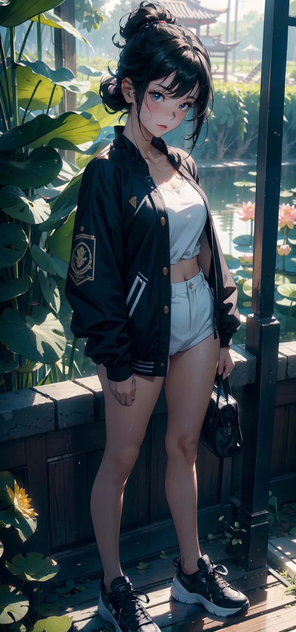 1female,3 years old,bit girl,Small loli,huge-breasted,Pornographic exposure, 独奏,(Background with:bamboo forrest,lotuses,lotus flower,exteriors,Lotus pond) She has short black hair,Qi bangs,Doll head,standing on your feet,Sweat profusely,drenched all over the body,seen from the front, hair straight, mostly cloudy sky,(((tmasterpiece),(Very detailed CG unity 8K wallpaper),best qualtiy,cinmatic lighting,detailed back ground,beatiful detailed eyes,Bright pupils,Black eyes,(Very fine and beautiful),(Beautiful and detailed eye description),ultra - detailed,tmasterpiece,)),facing at camera,A high resolution,ultra - detailed),revealing breasts,Bare genitalia, Bulge,legs are open,Raised sexy,Camel toes,Flushed complexion,Open-mouthed,frontage,elementary student,(Black baseball jacket,Slave girl collar,Sailor uniform,,black sneaker shoes,nakeness)Full body photo,Show shoes