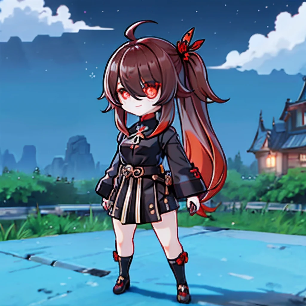 Hair over one eye、One Woman, 独奏, (twitch emote:1), Chibi, Brown hair, red eyes, , comic strip, white backgrounid, a sticker, Thick black outline,Denim dresses、Black blouse、hair down、Orange hair、、brown haired、Denim Long Skirt hutao