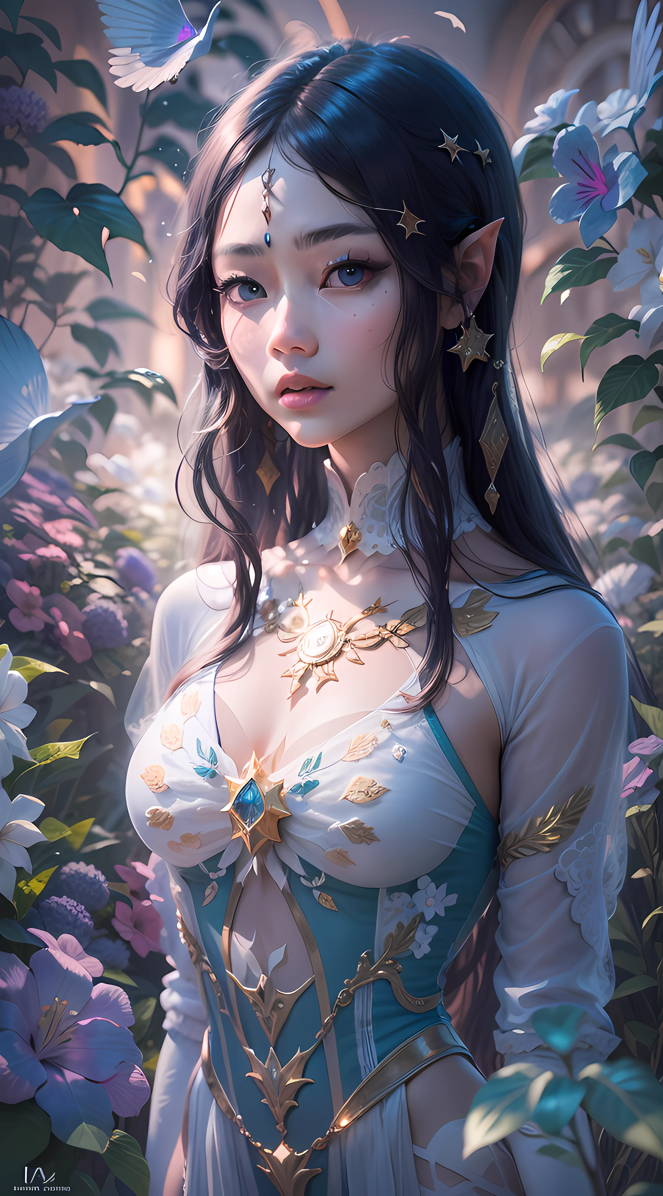(Best quality,ultra detailed,Photorealistic:1.37),bright and rich colors,studio lighting,playful facial expression, (((open shoulders, deep neckline, transparent clothes, erect nipples are visible, no underwear))), stylish makeup,Flemish,Hair fluttering in the wind,inviting eyes,glossy lips,sexy pose, I smile confidently and seductively,posing for a professional photo shoot,shallow depth of field,highlighting the main subject,soft natural light,Creating a dreamy and magical atmosphere.