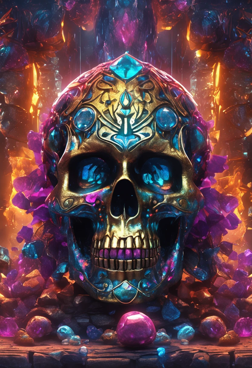 (Colorful magic), (Grim), Magical skulls among gemstones, Focus on the ring ,(Intricate details), (ultra - detailed), 16K HD, high detal, A lot of detail, High quality, Soft cinematic light, Dramatic atmosphere, Atmospheric perspective