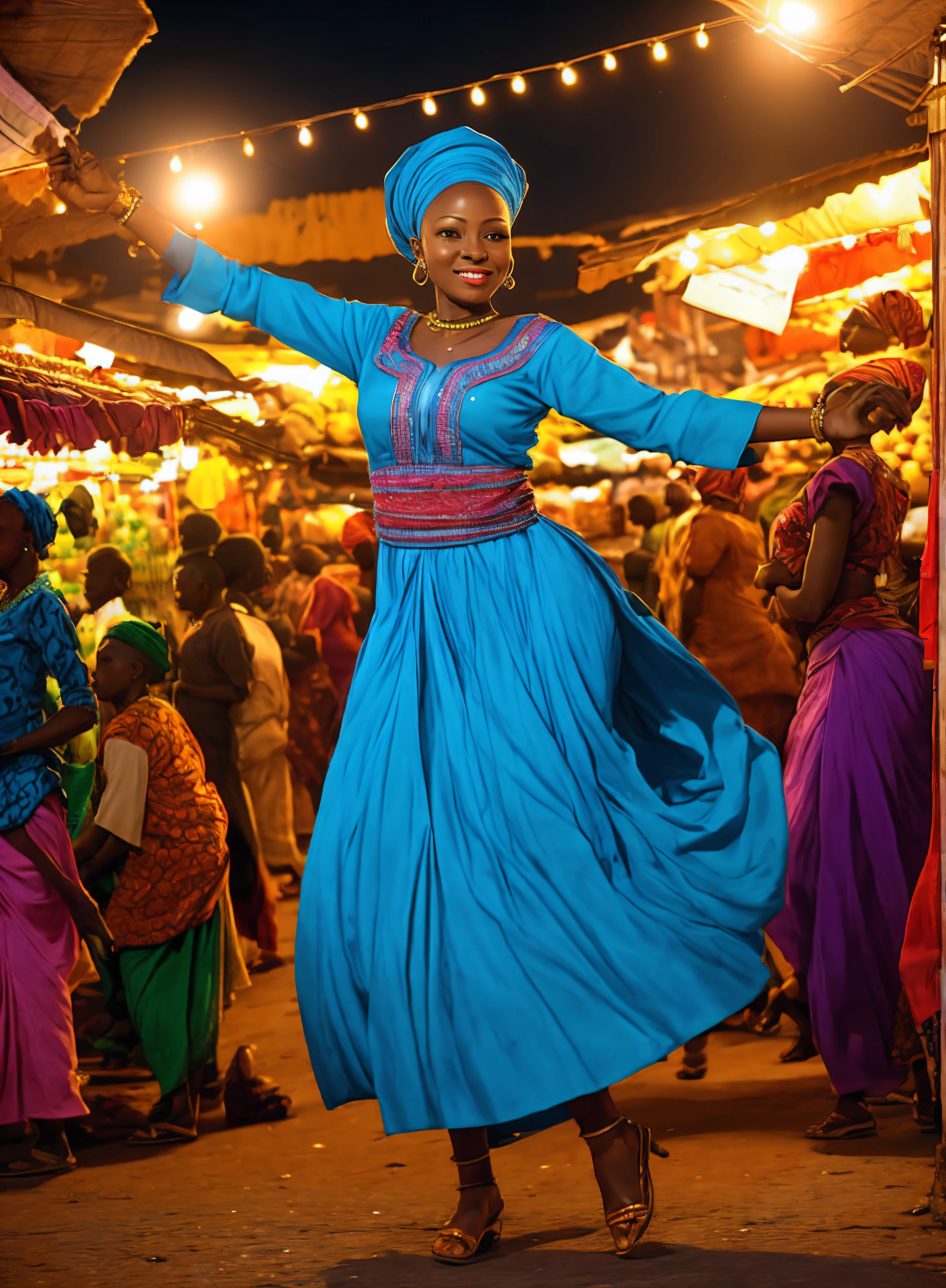 A vibrant Nigerian woman dancing in the moonlight, her movements illuminated by the bright lights of the market square.