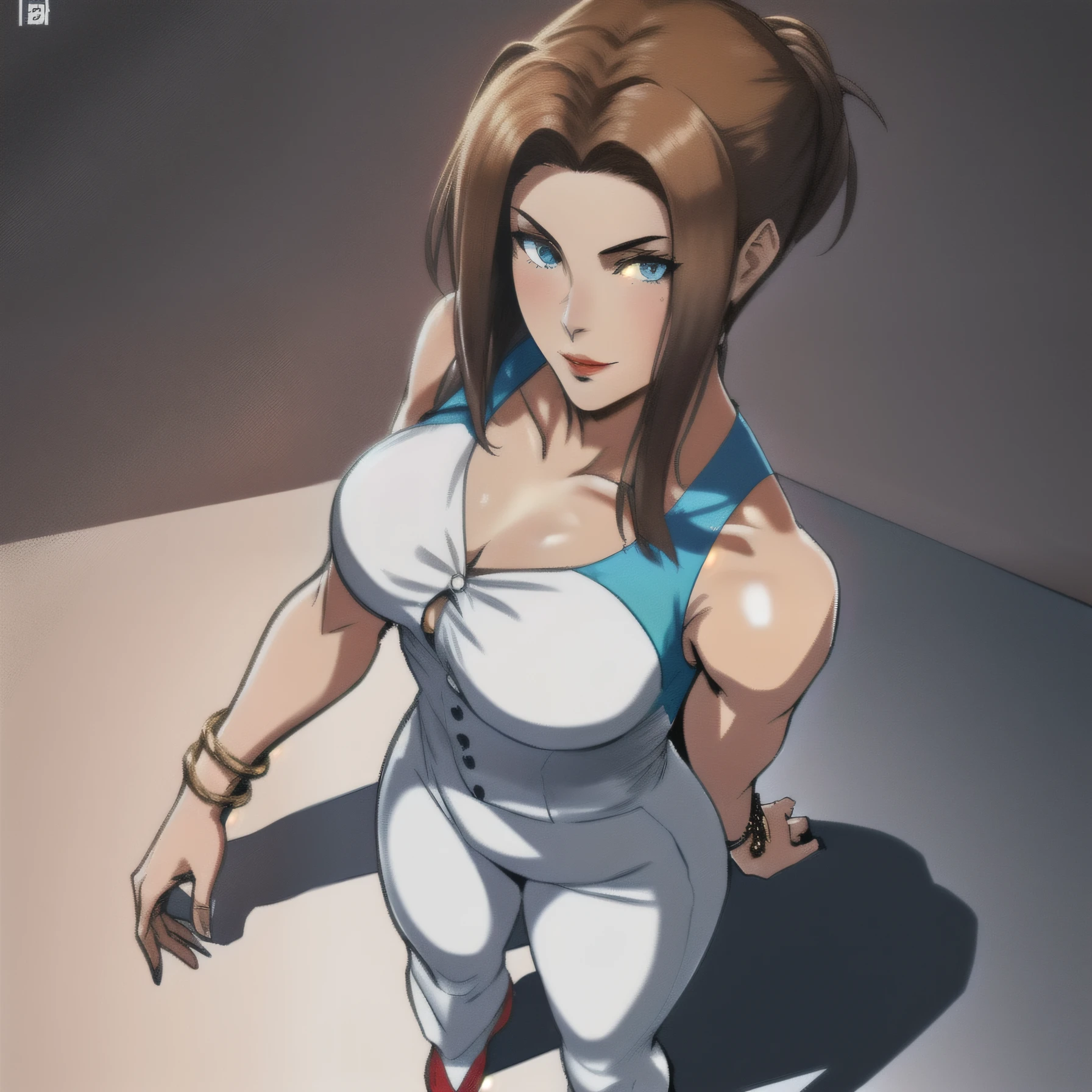 Full body photo of woman，grey long hair (whaite hair), Tight white clothes, bare arm，Gold bracelet on the right hand，Wrap around the shoulders，There are no buttons, View from above, looking from above, Penetration of clothing， Red lips, blue color eyes, with fair skin,  Wide hips, ,White floor,black room， Cinematic natural light, shadowing, Filter, Depth-of-fie, perfect female anatomy,（full body1:1）， 4K