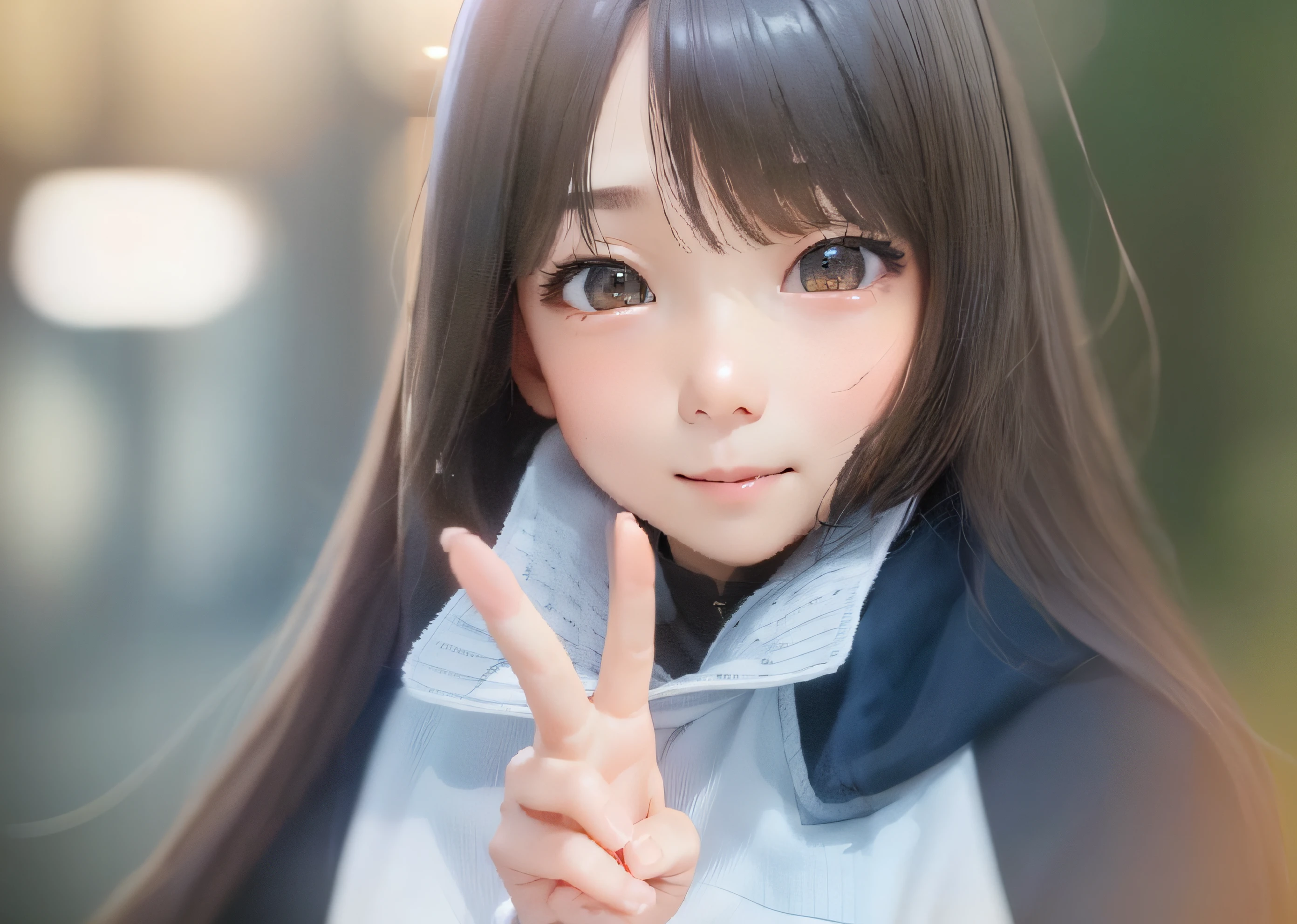 A close-up of a person with a peace sign in front of her, Photorealistic anime, Cute natural anime face, Anime girl in real life, Realistic anime 3 D style, Kawaii realistic portrait, sakimichan, hyper realistic anime, pretty anime face, Beautiful anime face, cute anime face, huge anime eyes, 3 d anime realistic, Realistic young anime girl