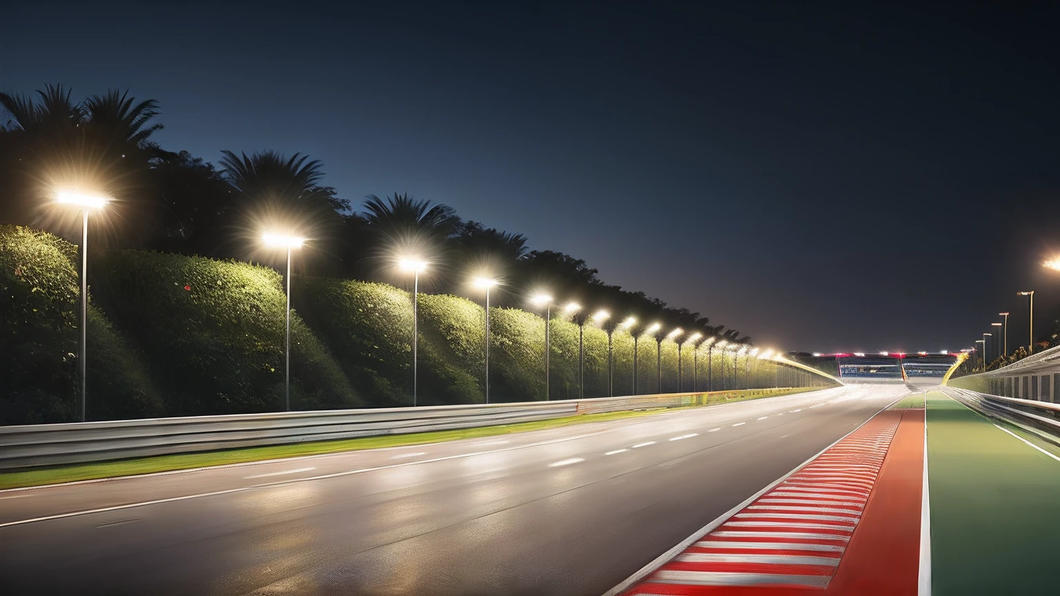 Low angle of F1 track, racing road, racing race sign, night scene, singapore landmark in the background , photo realistic , art station trend, sharp focus, intricate detail, high detail, ambient light, ray tracing