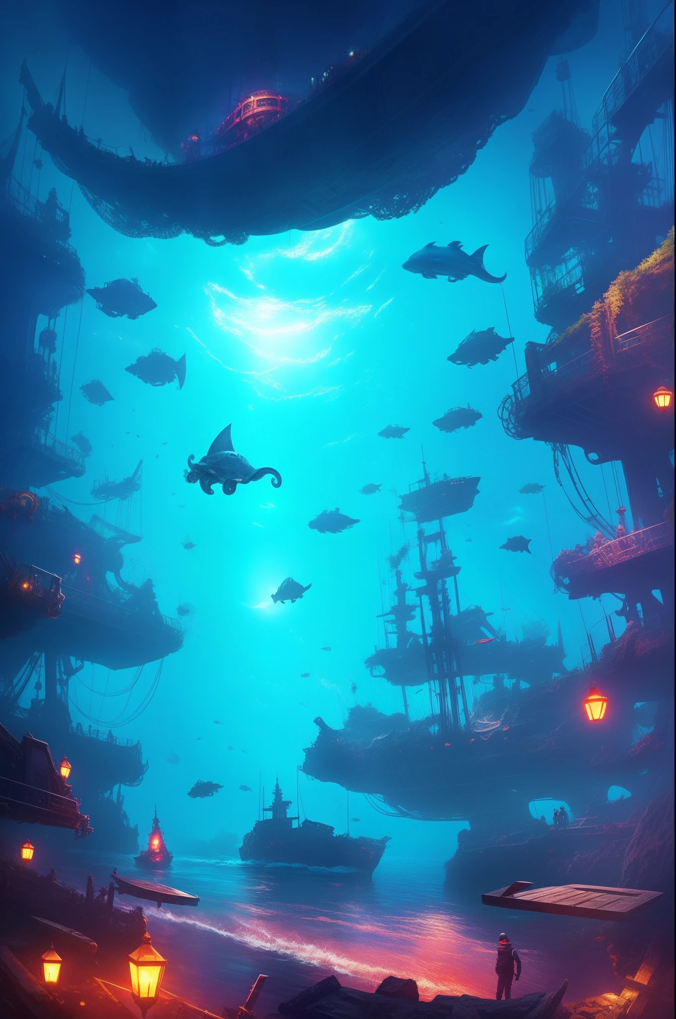 The underwater world,Huge octopus,sunken ships,Treasure hunt,cyber punk perssonage,background inside dark,Bright lights,cinematic compositions,wide angles,