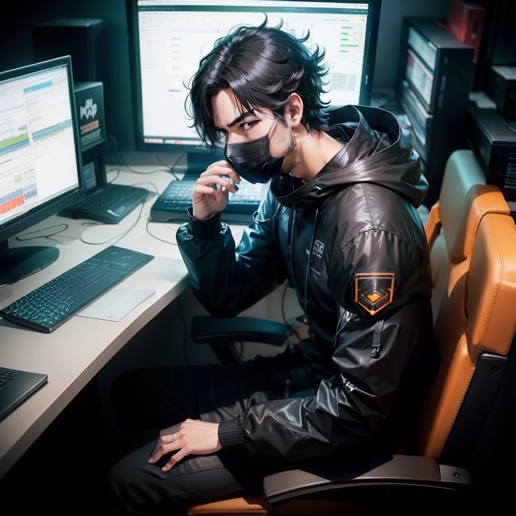 male , black outfit , black hair , mask , sit , computer terminal , stock trading , anime .