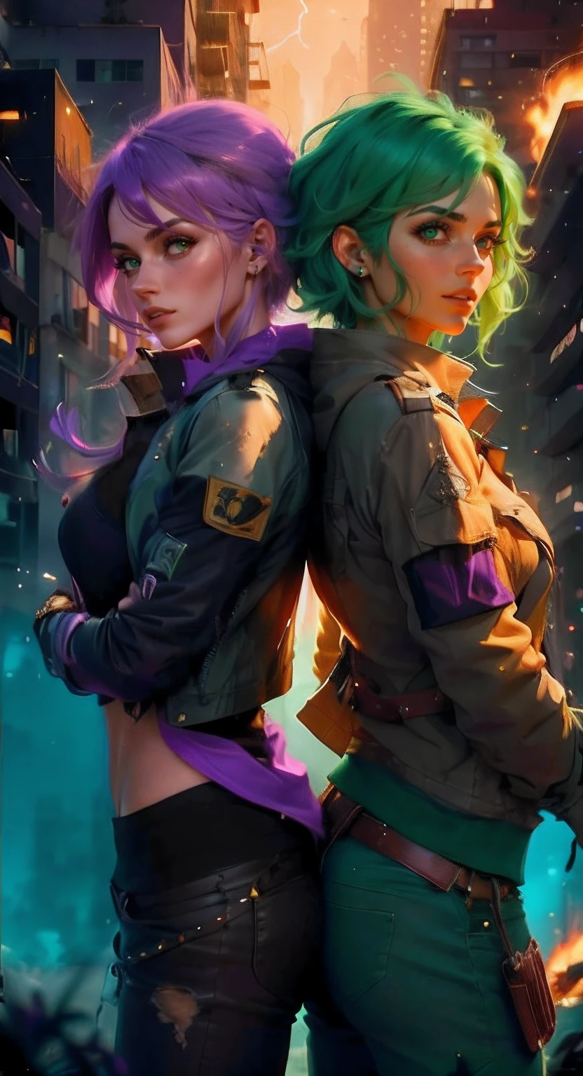 melhor qualidade, realista. 2 MULHERES, a girl with lilac hair/roxo. A outra garota tem cabelos verdes/verde. They are in the middle of a burning city, it is night time