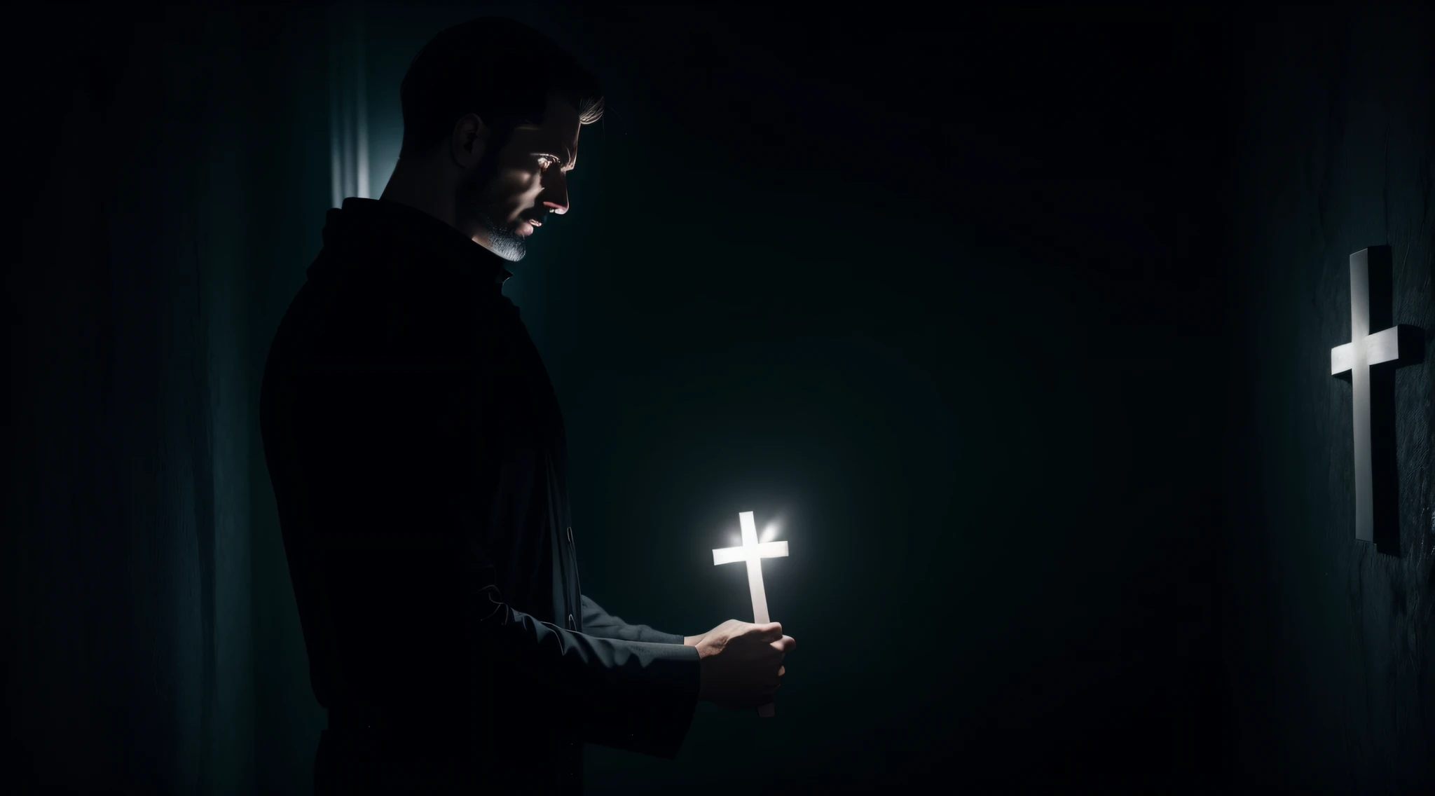 a man holding cross in his hand scared in a excorstio dark room,4k,ultra real