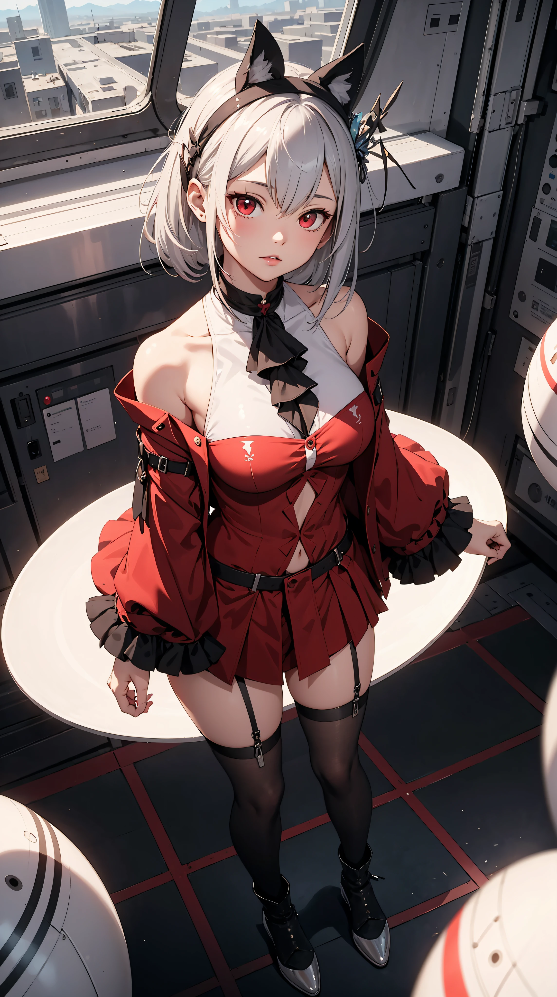 absurd res, high res, (masterpiece:1.4), ultra-detailed, 1girl, from above, space, floating, stockings, silver hair, red eyes