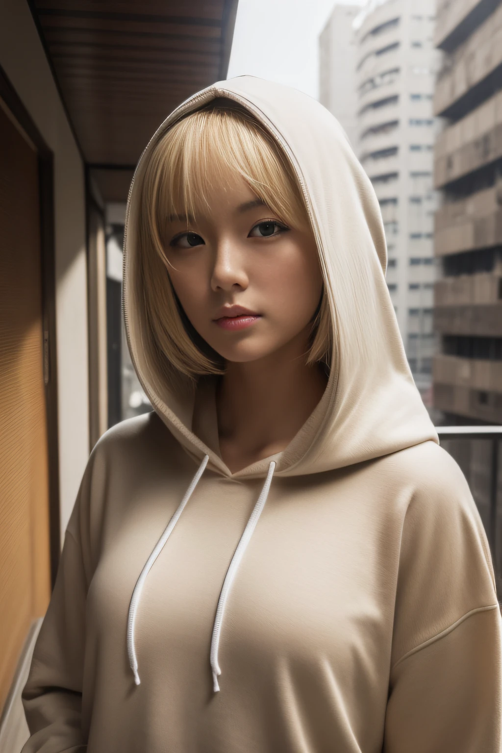 8k, best quality, ultra high res, (photo realistic:1.4), (Japanese famous actress:1.2), very beautiful, kawaii, professional photograph, an extremely delicate and beautiful, extremely detailed, extremely detailed beautiful girl, extremely detailed face, extremely detailed eyes, extremely detailed skin, extremely detailed fingers, extremely detailed nose, extremely detailed mouth, perfect anatomy, realistic body, fair skin, shiny skin, slender body, good figure, looking at viewer, (blond hair:1.2), (very short hair:1.2), flat chest, (tanned skin:1.5), black gal, dynamic lighting, white hoodie, (hood up1.3), (houses stand vertically on top of each other, forming a dense canyon, like kowloon city :1.0), cowboy shot,