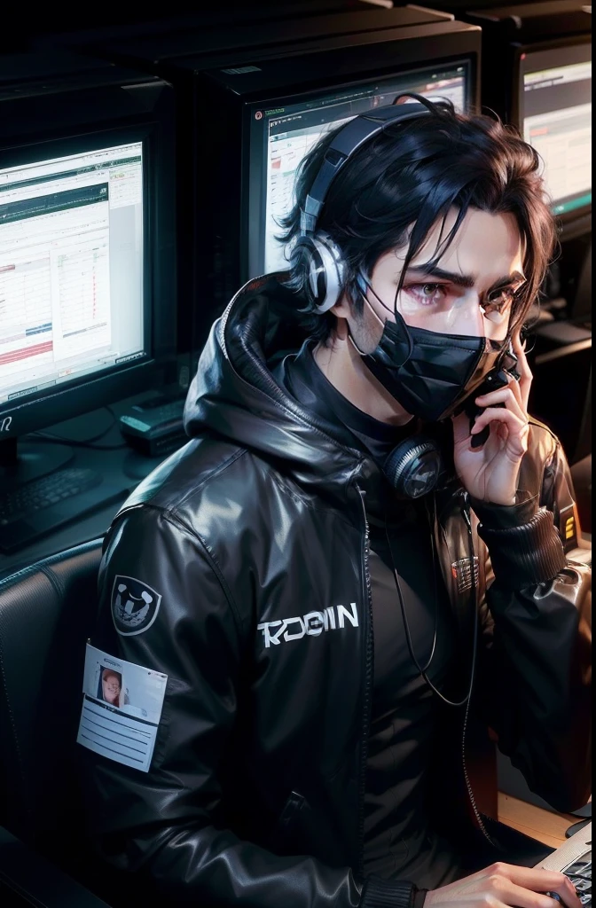 male , black outfit , black hair , mask , sit , computer terminal , stock trading , cup of tea, anime . headphone on neck , terminal forex screen ,